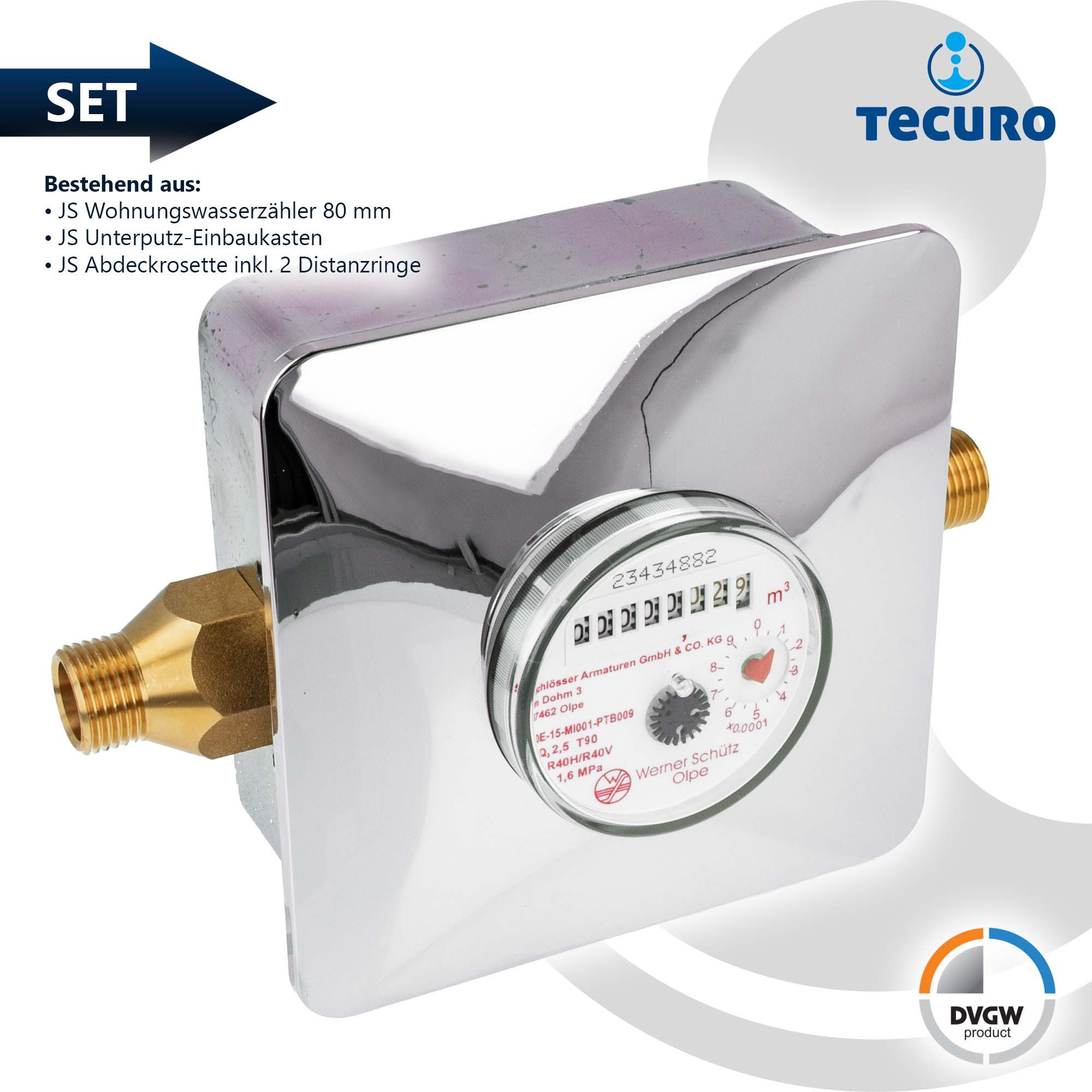 tecuro Wasserzähler Unterputz Einstrahlzähler System ETK Komplett-SET, Länge 80 mm, (Komplett-Set)