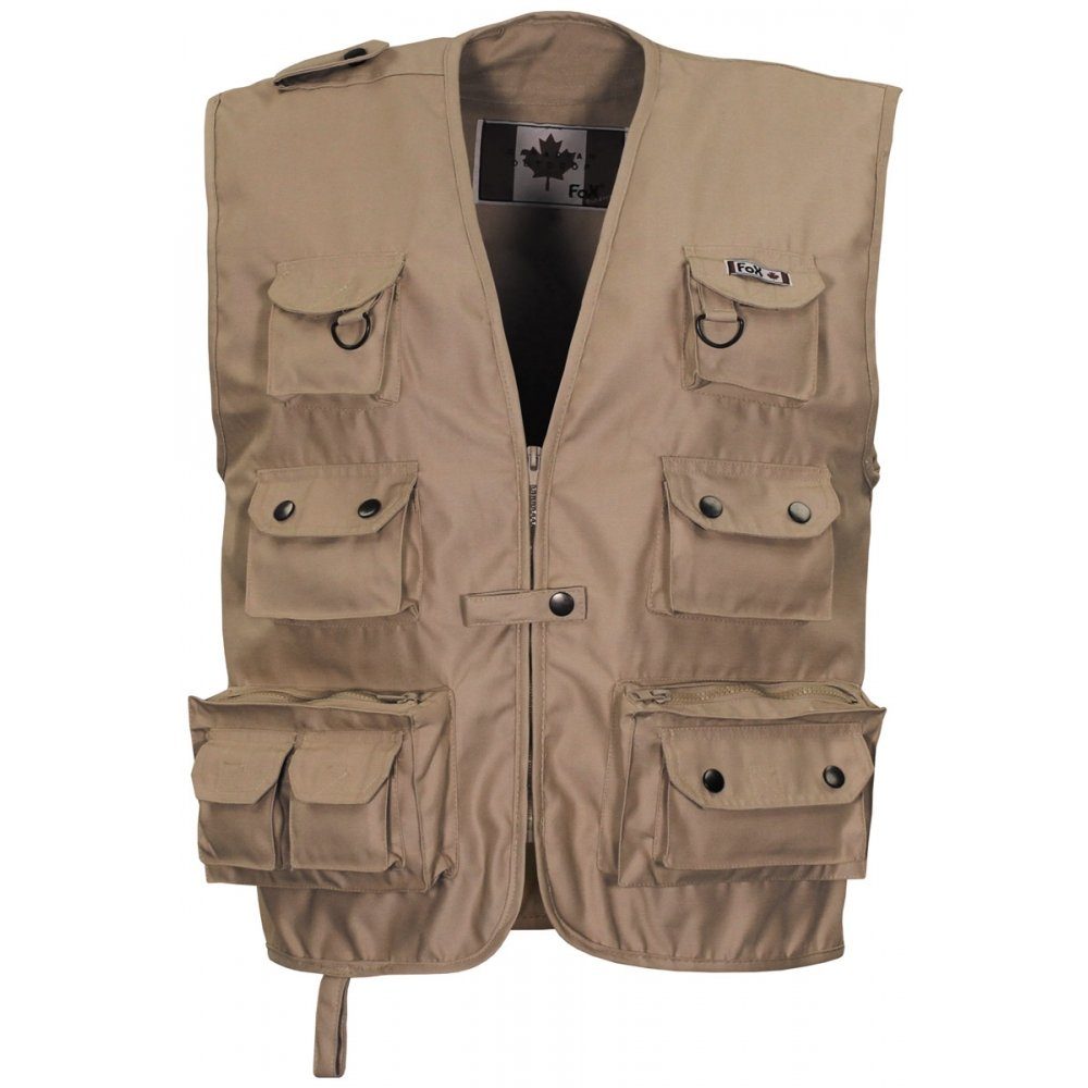 MFH Anglerweste Outdoor Weste, khaki, schwere Ausführung - S große aufgesetzte Rückentasche mit seitlichem Reißverschluss