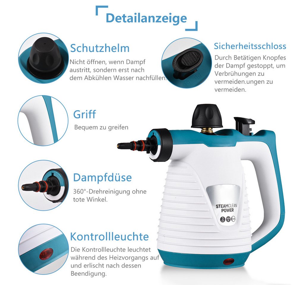 TUWENA Dampfreiniger Dampfreiniger, Tragbar Druckdampfreiniger Handheld mit 9 Zubehörteilen, Handdampfreiniger für Zuhause für Entfernt Schmutz und Fett, für Alles