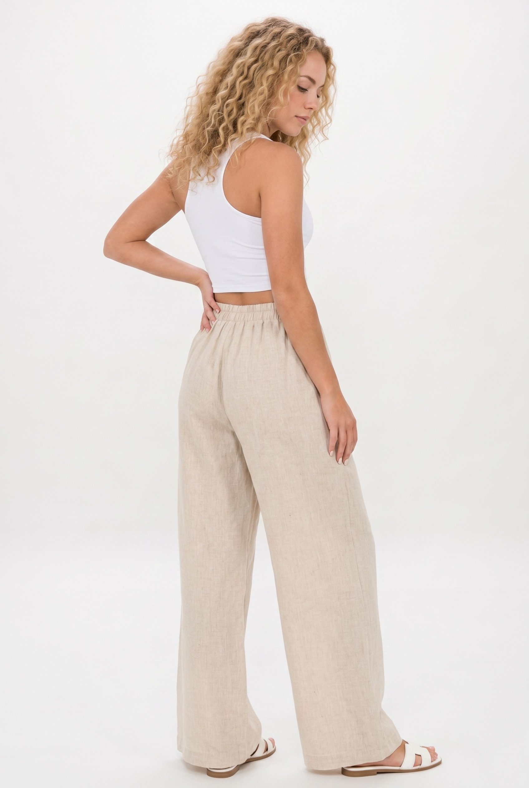 Kendindza Collection Leinenhose Sommerhose Damen leicht Locker weite Leinenhose Sommer Hose lang 100% Leinen, elastischer Gummibund, weites Bein Palazzo-Schnitt – Bild 4 von 4