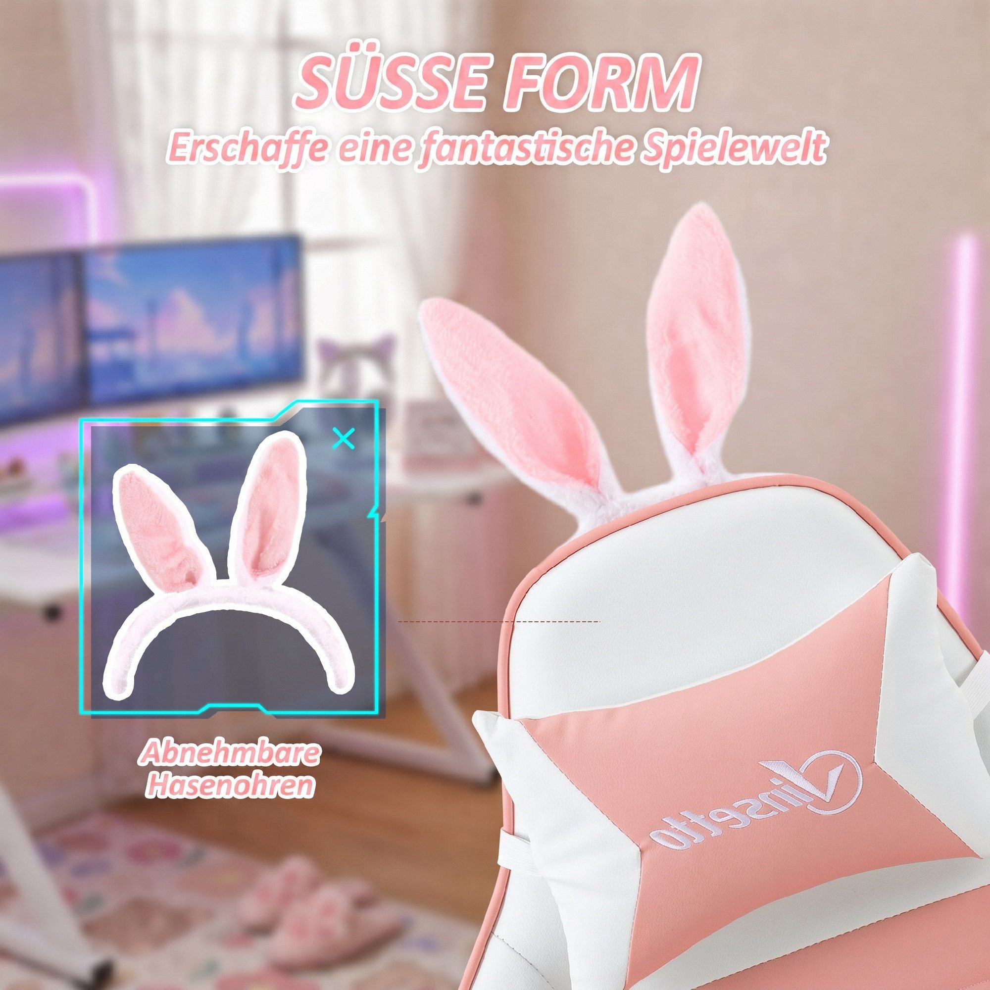 Vinsetto Gaming-Stuhl Gamer Stuhl ergonomisch PC Stuhl mit Lendenwirbelstütze, Fußstütze (Bürostuhl, 1 St), mit verstellbar Liegefunktion, Rosa – Bild 4 von 5