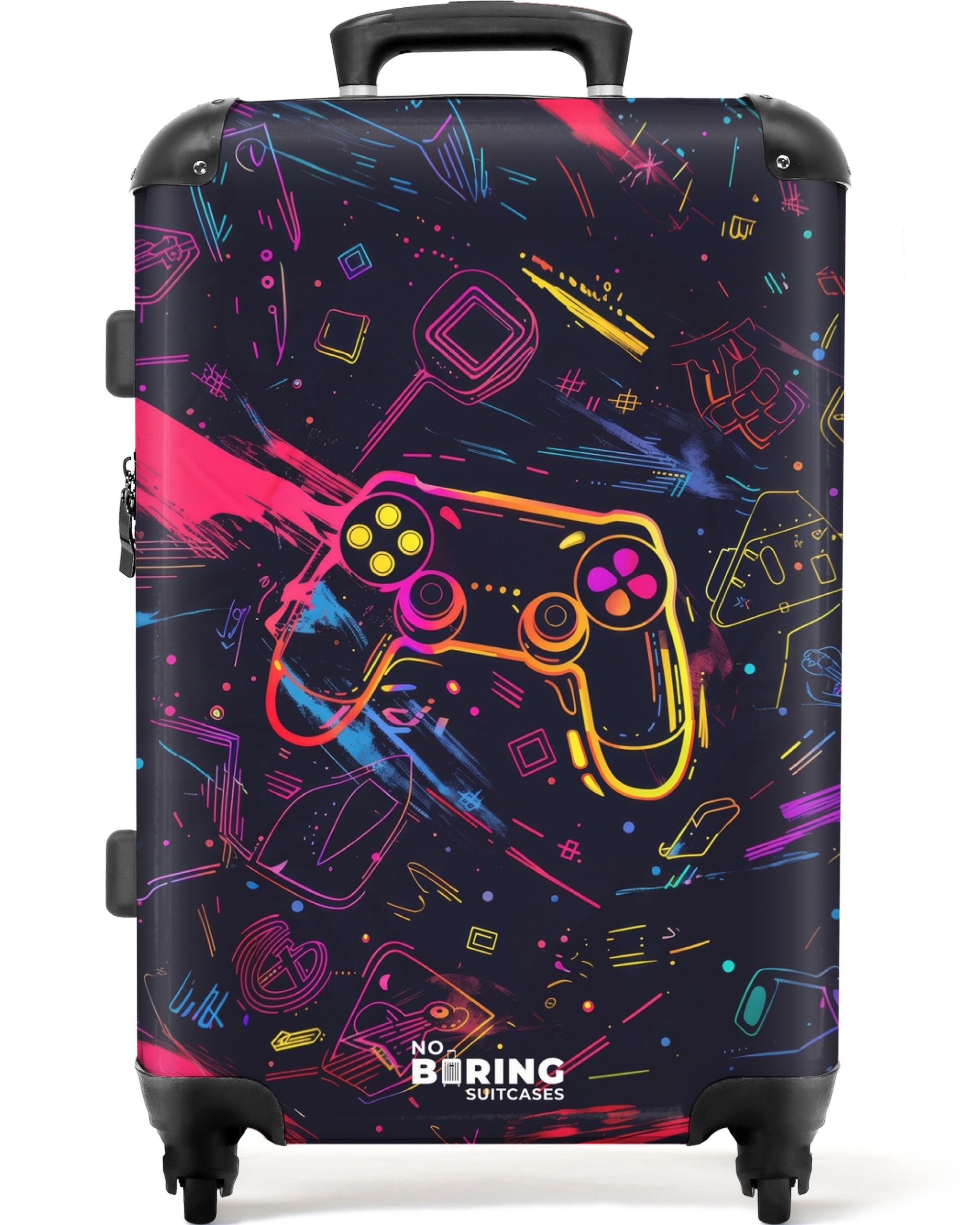 NoBoringSuitcases.com© Kinderkoffer mit leuchtende Räder - Spielewelt im Neon-Stil 67 cm - 72 L, 4 Rollen, Reisekoffer mit Rollen Mittelgroßer für 20kg, Jungenkoffer