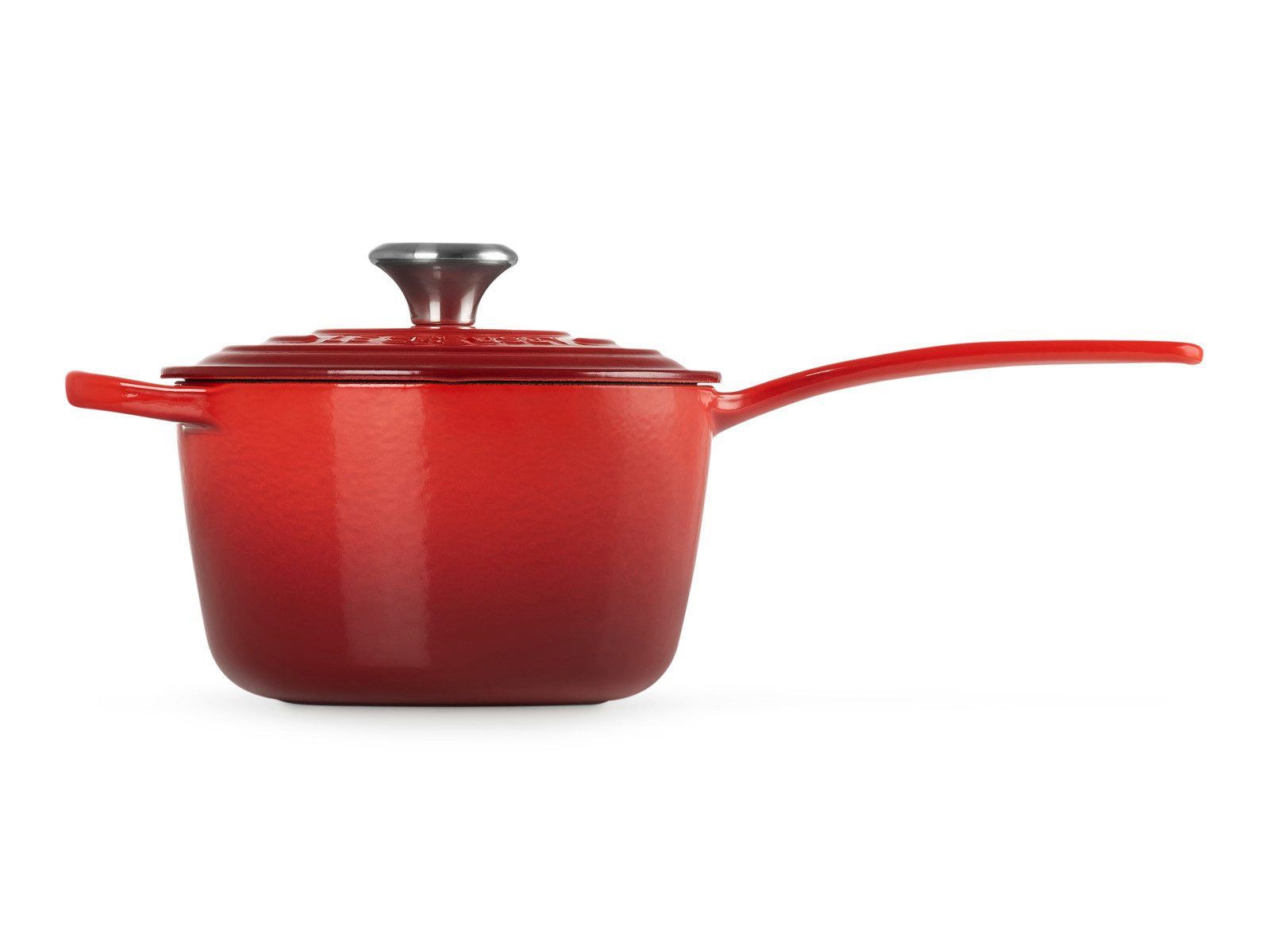 LE CREUSET Serviertopf Stielkasserolle Signature rund kirschrot 16cm, Emailliertes Gusseisen