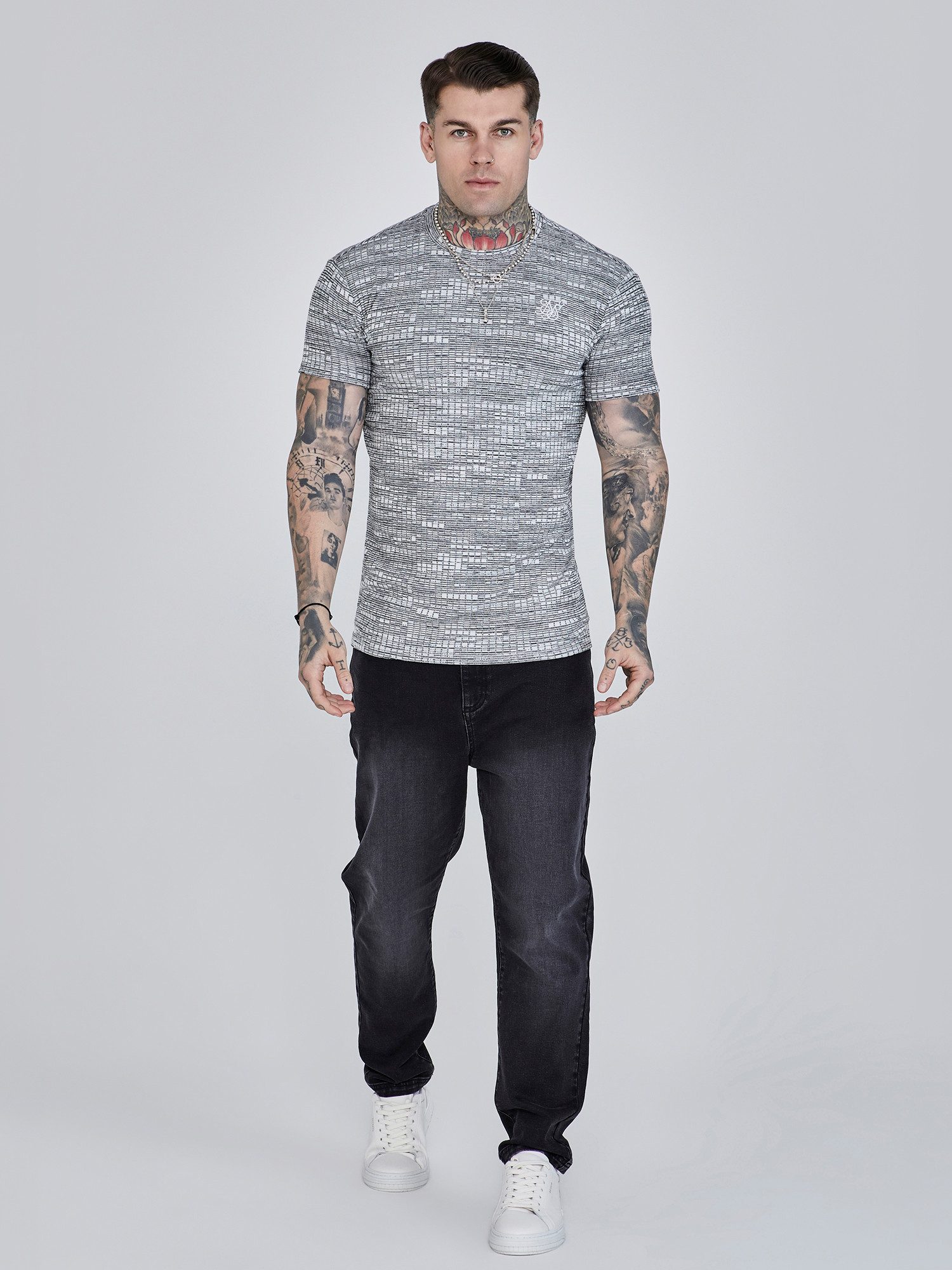 Siksilk T-Shirt SikSilk Herren Graues Geripptes T-Shirt günstig online kaufen
