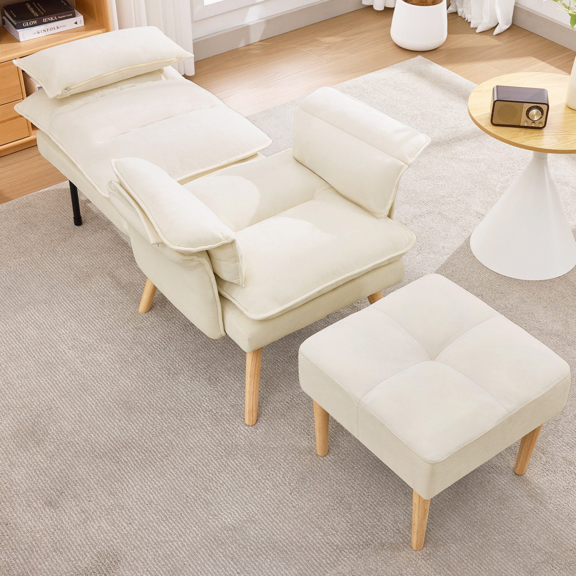 MODFU Relaxsessel Gemütlicher Fernsehsessel aus Leinen (mit Hocker, 5-fach verstellbar & Kissen, 1-St., Relaxsessel inkl. Hocker), 85x78,5x112cm, Beige