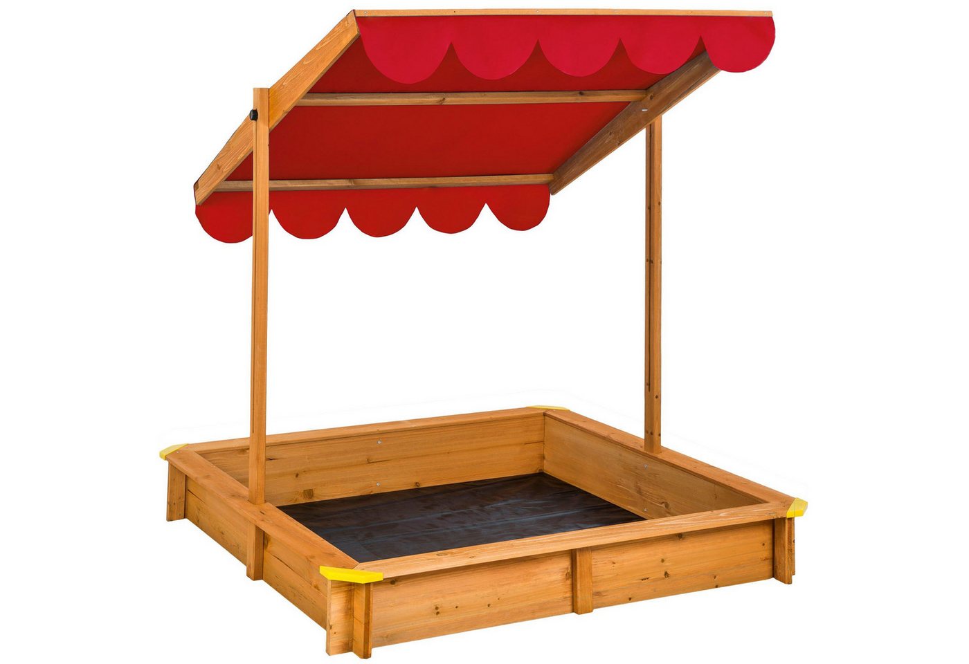 tectake Sandkasten Holzsandkasten, 120 x 120 x 120 cm, Holz, verstellbares Dach, (Sandkiste Emilia, in rot), Sitzflächenrand, abgerundete Kunststoffecken, wurzelfeste Bodenplane
