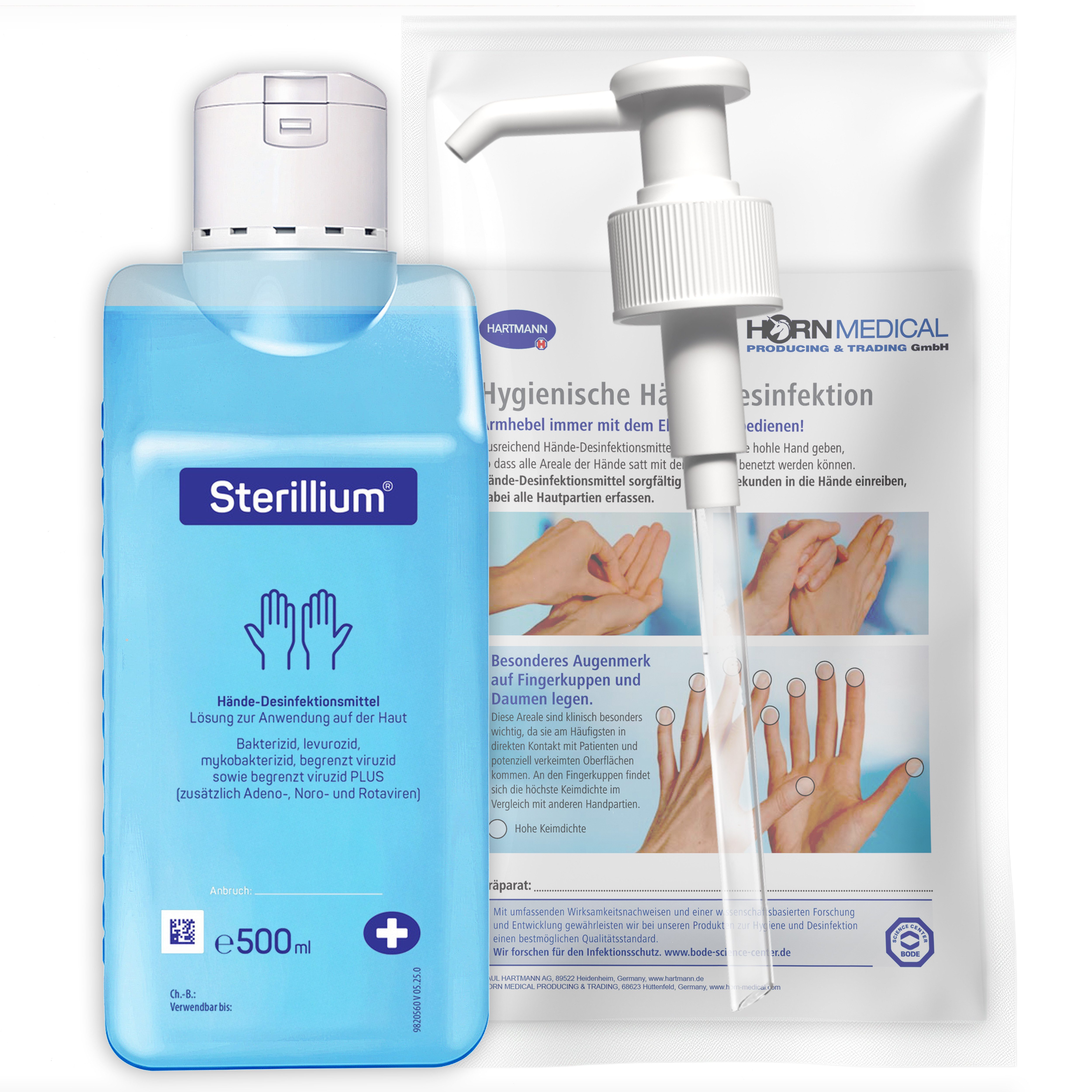 PAUL HARTMANN AG Sterillium Händedesinfektion 500ml & Horn Medical Dosierpumpe Hand-Desinfektionsmittel (Spar-Set, [- bekannt & bewährt dank Dosierpumpe sofort einsetzbar)