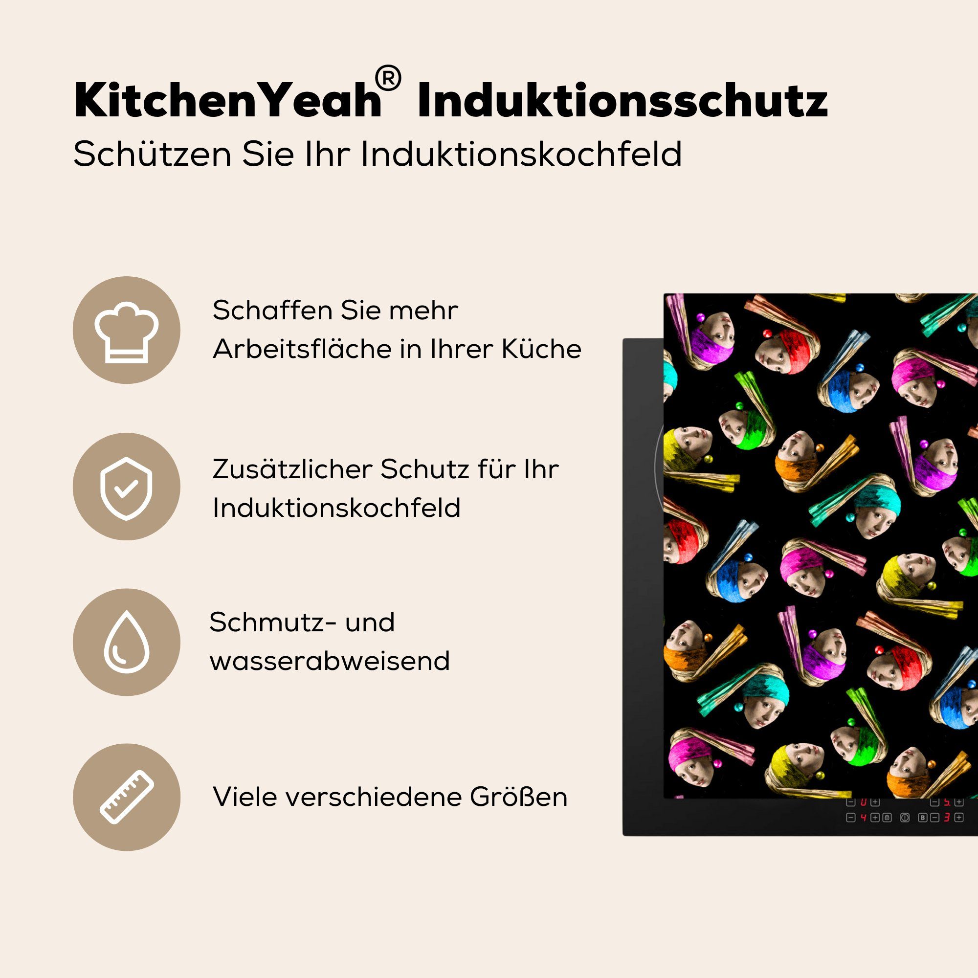 Muster Herdblende-/Abdeckplatte - küche, 71x52 Ceranfeldabdeckung Mädchen mit einem (1 Regenbogen die MuchoWow cm, Perlenohrring, Induktionskochfeld Vinyl, tlg), für - Schutz