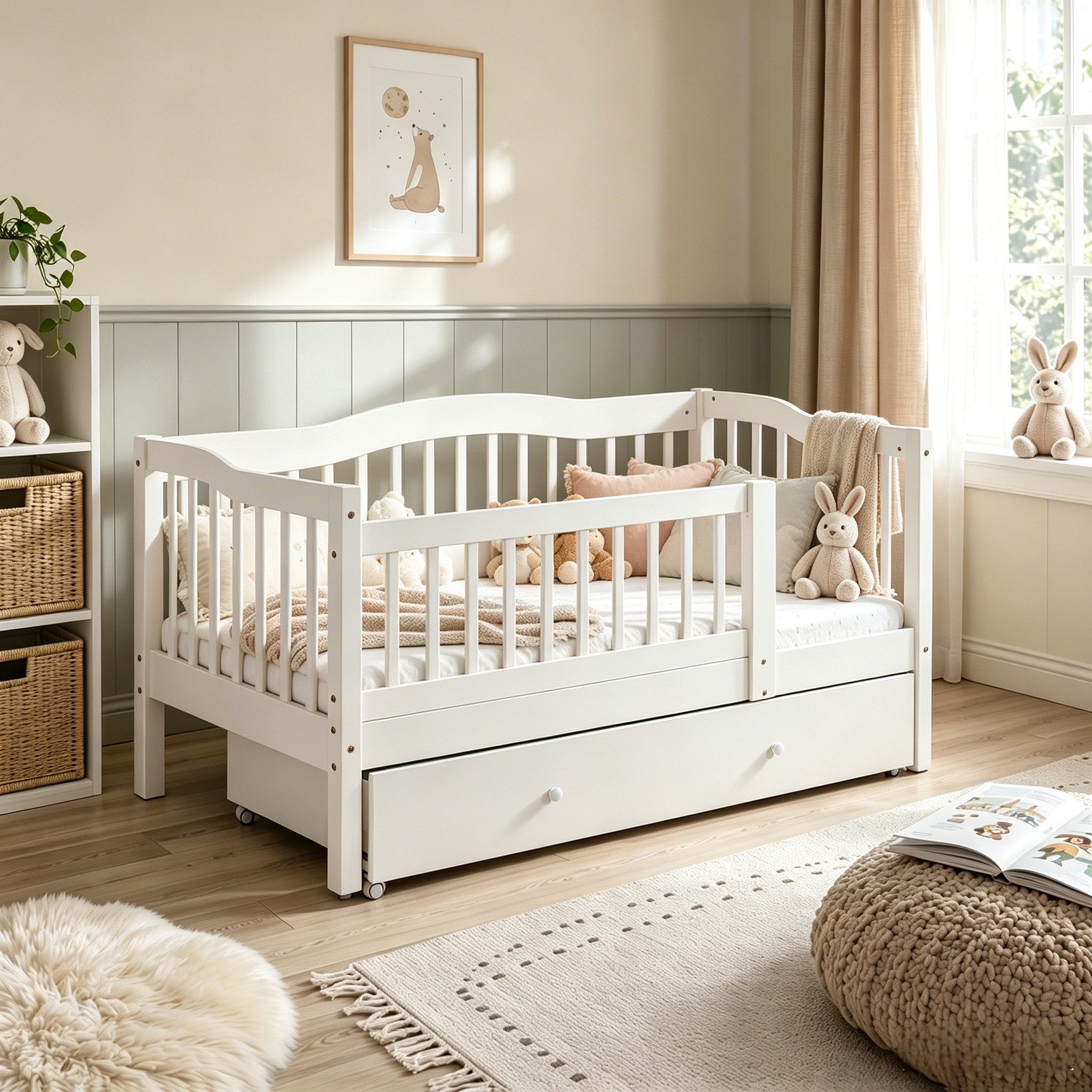 LEADZM Kinderbett mit Schubladen 70x140 / 80x160 / 90x200cm, Hausbett mit Lattenrost, Bodenbett mit Stauraum und Abnehmbarer Barriere, Weiß