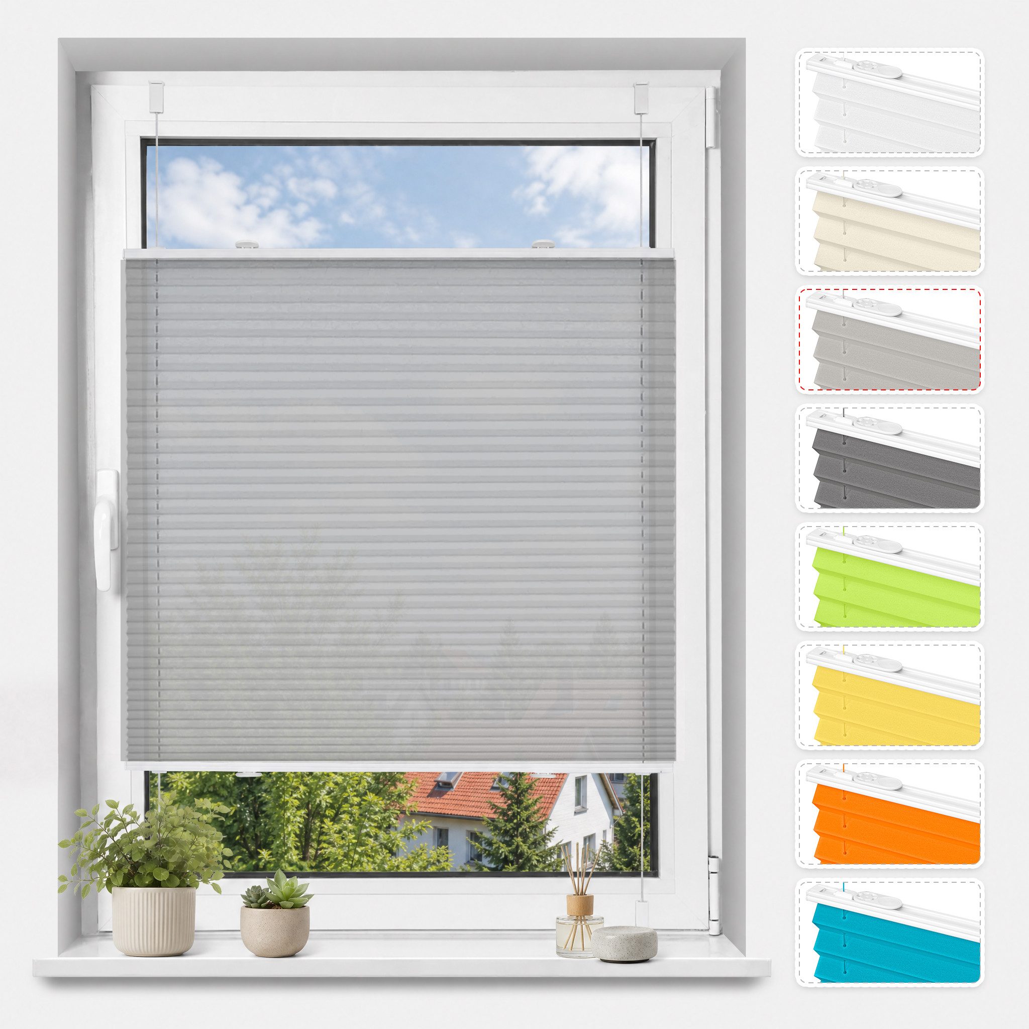 Vkele Plissee ohne Bohren Easy Fix Klemm Faltrollo, verspannt Fenster Rollo, Klemmfix,Klemmträger, Jalousie für Tür & Fenster Sichtschutz Sonnenschutz
