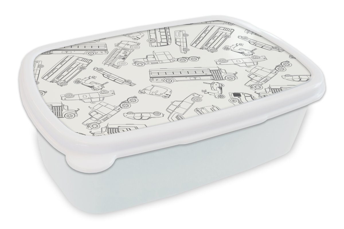 MuchoWow Lunchbox Muster - Auto - Lkw, Kunststoff, (2-tlg), Brotbox für Kinder und Erwachsene, Brotdose, für Jungs und Mädchen weiß
