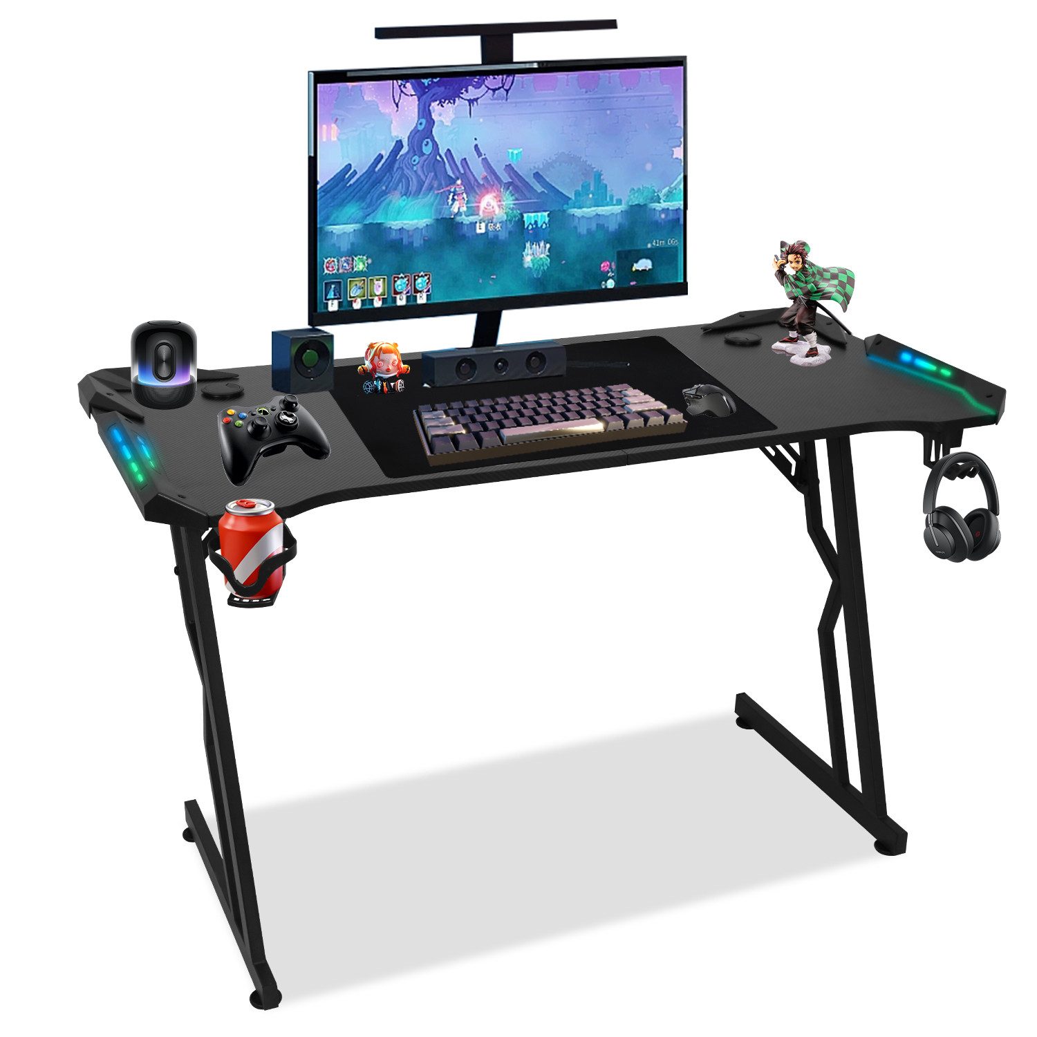 Clanmacy Gamingtisch Gaming Schreibtisch inkl. Mauspad, Stabiler PC-tisch (Inkl. Mauspad + LED-Licht + Fernbedienung, 140x60x75cm), Ergonomischer, Kabelmanagement