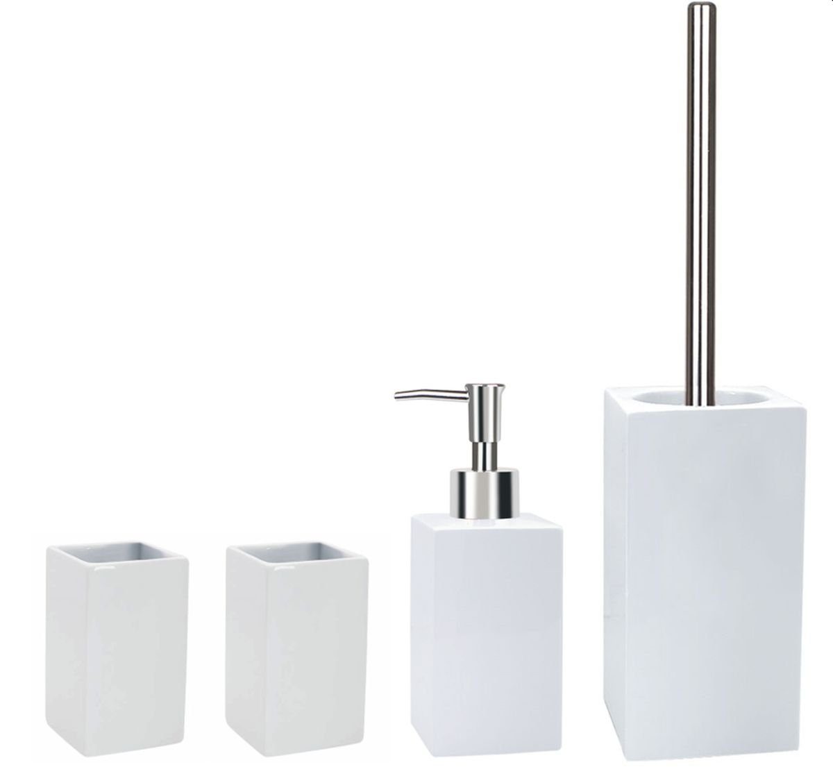 spirella Badaccessoires-Sets QUADRO, Zubehör-Set aus hochwertigem Porzellan, weiß, elegante Glanz-Optik, 4 tlg., bestehend aus: WC-Bürste, Seifenspender, 2x Zahnputzbecher