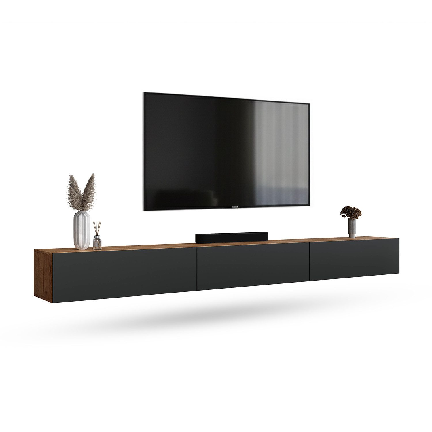 Planetmöbel TV-Schrank West TV-Board, Fernsehtisch 300 cm lang, TV-Lowboard (für Fernseher bis 85 Zoll, TV Schrank viel Stauraum, sideboard hängend, Fernsehschrank 3x 100 x 30 x 37,5 cm) gold eiche - anthrazit