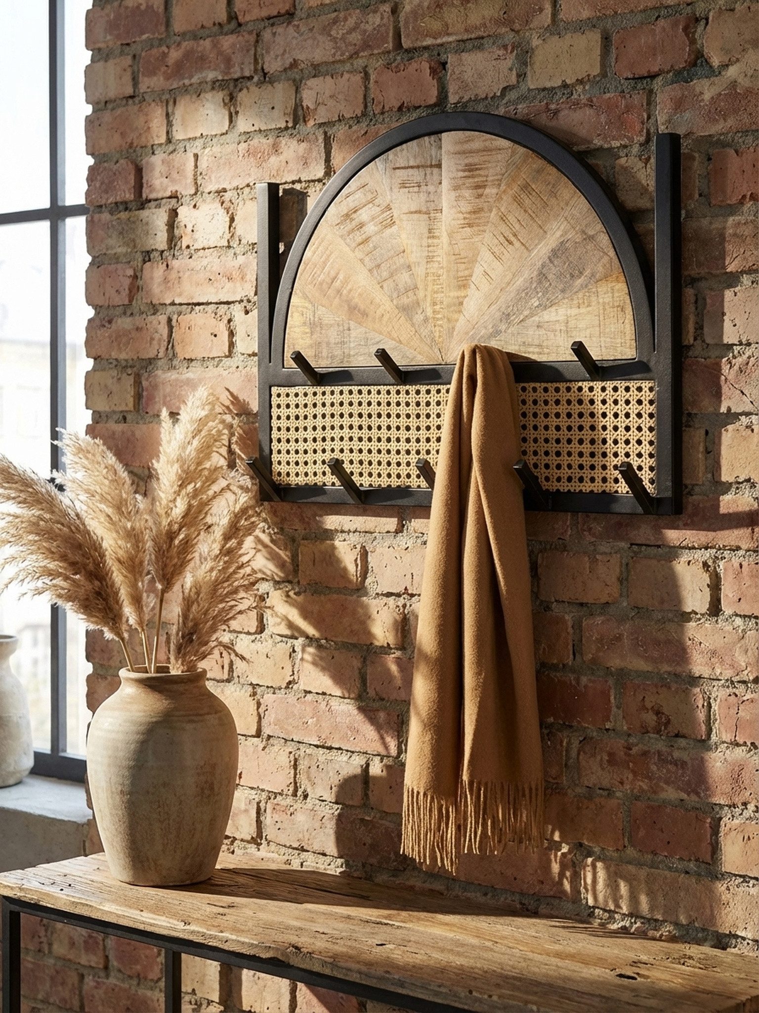 KADIMA DESIGN Wandgarderobe Wandgarderobe Mango Massivholz / Rattan 53x40x7,5 cm Design (Garderobe Wand, Garderobenleiste Flur), Flurgarderobe, Hakenleiste Wiener Geflecht, Wandpaneel Metall