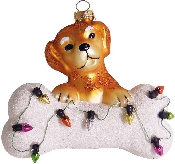 Krebs Glas Lauscha Christbaumschmuck Hund mit Knochen & Lichterkette, Weihnachtsdeko, Christbaumschmuck (1-tlg), mundgeblasen