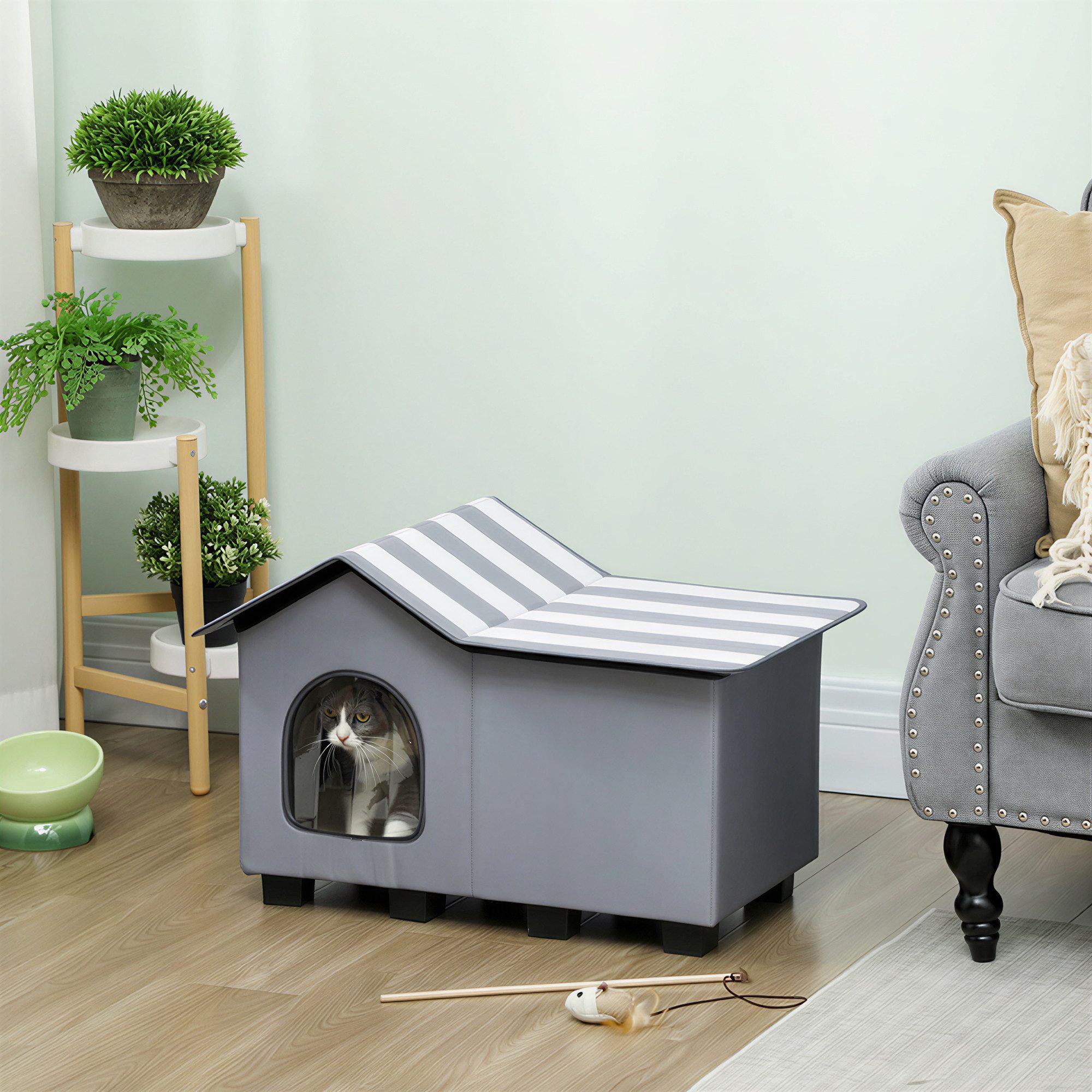 PawHut Tierhöhle Katzenhaus Wasserabweisend Katzenhütte mit Wärmeisolierung, Satteldach Wärmeisolierung Plattform 70x43x45 cm Oxforfstoff