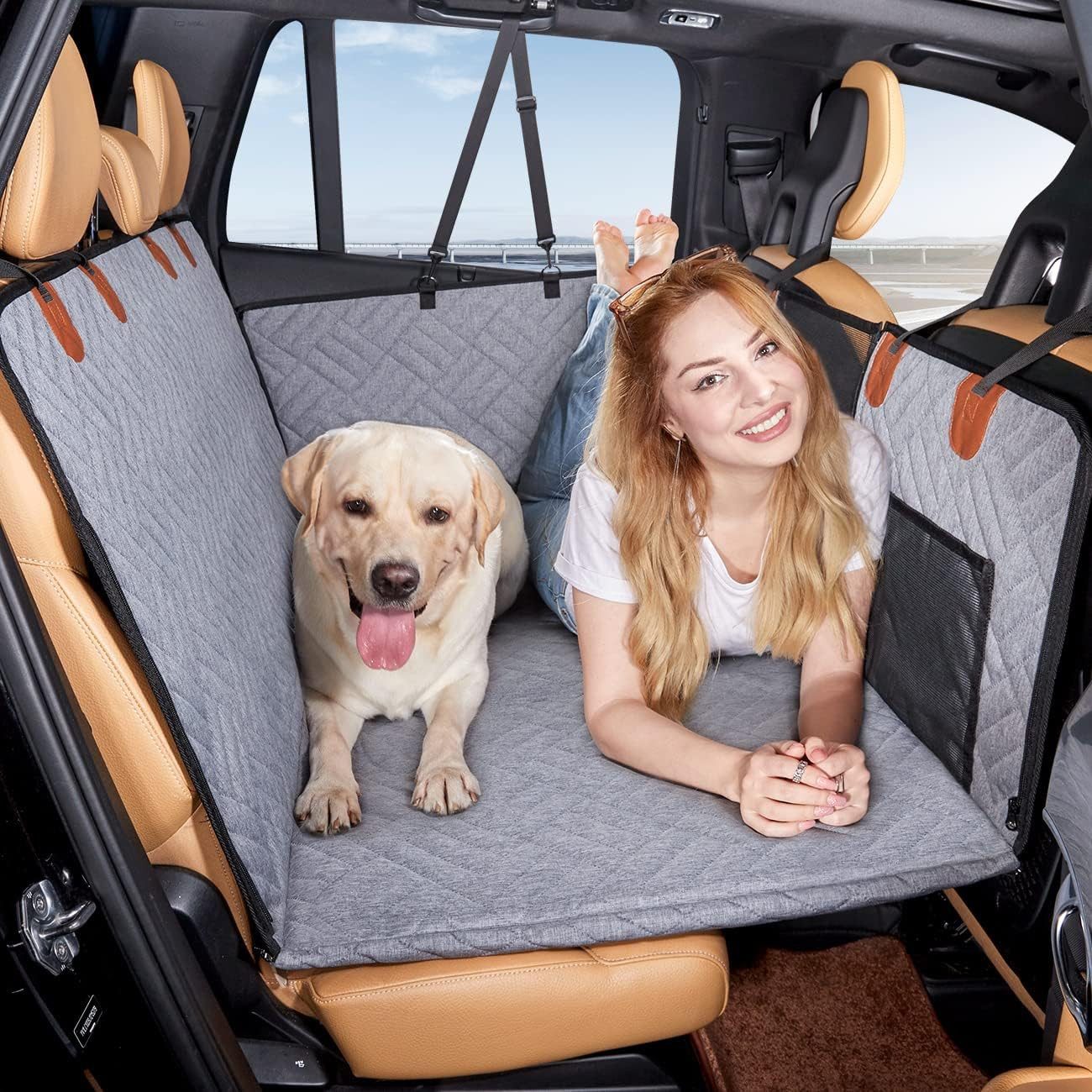 Futicare Tier-Autoschondecke Hund Autositz Rückbank mit Erweiterung, Autoschondecke Hund,harte Bodenplatte, wasserdicht, faltbar mit Aufbewahrungstasche