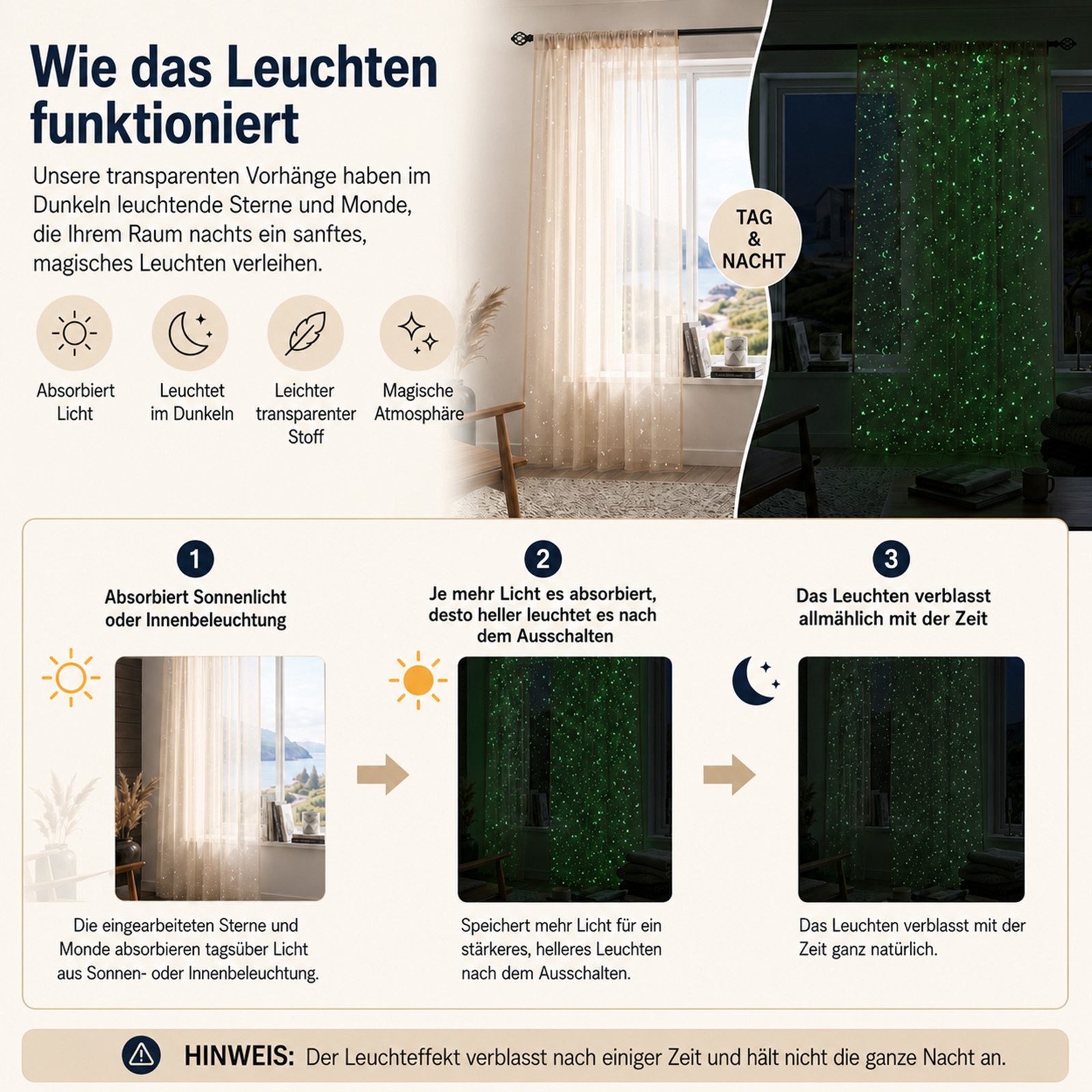 Rosnek Gardine Kinderzimmer Gardinen mit leuchtenden Sternen & Mond, Voile 2er-Set (2 St), Stangendurchzug, transparent, Polyester, 90 g/m² Voile mit Stangendurchzug für Schlaf-, Spiel- & Babyzimmer