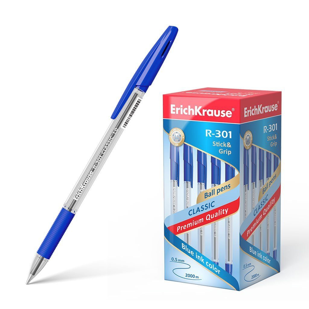 Erich Krause Kugelschreiber, Kugelschreiber R-301 Classic 0,5mm mit Gummigriff 50er Pack Blau