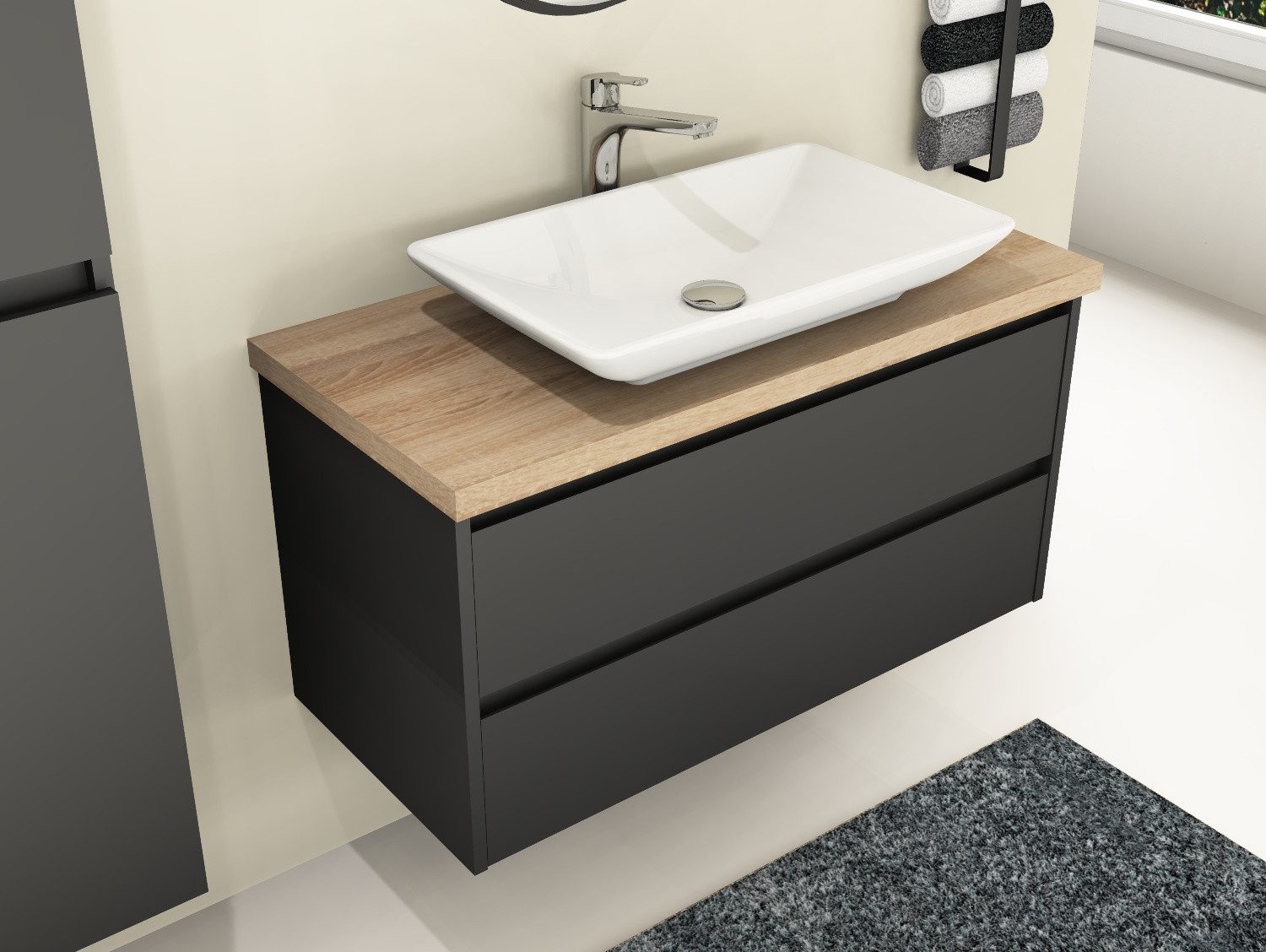 Aqua Bagno Badmöbel-Set Duo Badmöbel 100 cm Anthrazit Matt Lackiert mit Trägerplatte & Keramik, (Badschrank vormontiert, 3-St., Badmöbelschrank mit Trägerplatte, Waschbecken), einfache montage