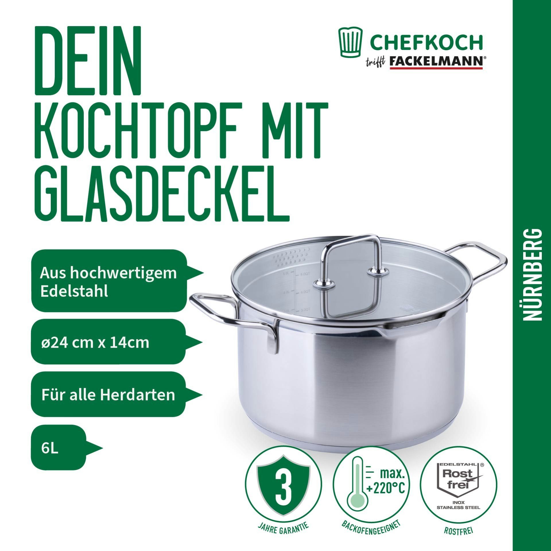Chefkoch trifft Fackelmann Kochtopf mit Glasdeckel, Ø 24 cm, induktionsgeeignet, backofengeeignet, Topf