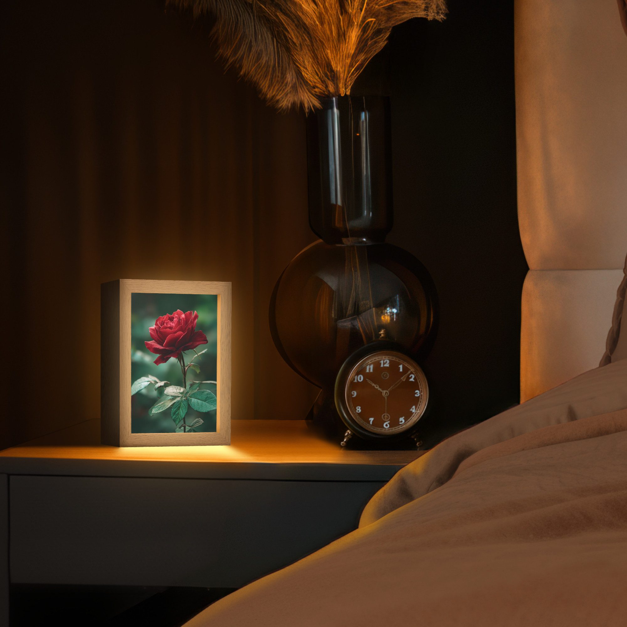 OnlyWow Tischleuchte Lightbox Rose - Blätter - Tiefrot, Dimmbar, Farbwechsel, LED, Warmweiß, Kaltweiß, Neutralweiß Einstellbar, Tischlampe, Schreibtischlampe, Desk, Dimmbar, mit Kabel, LED