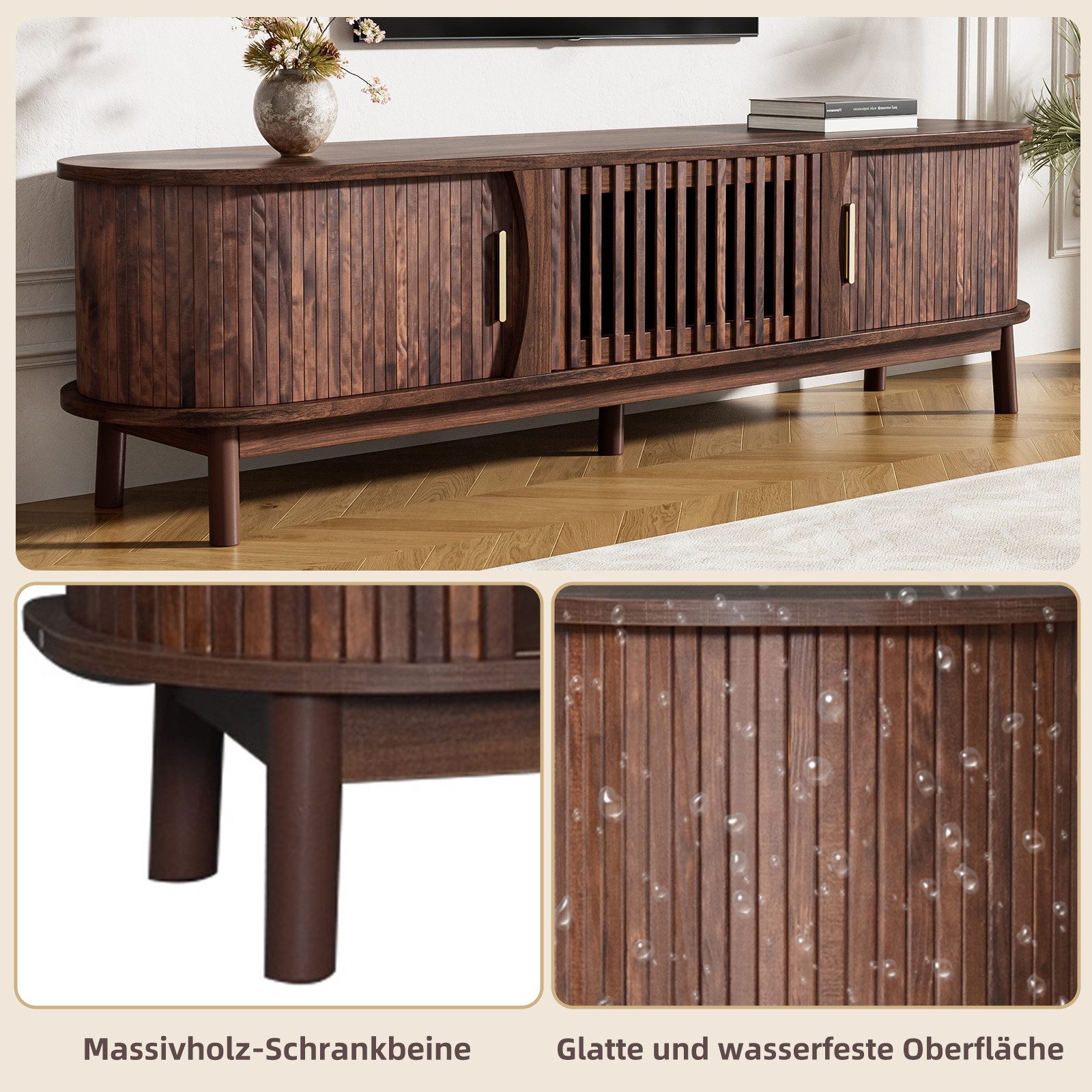 MODFU Lowboard Retro-Stil mit Schiebetüren (Fernsehschrank, Wohnzimmermöbel, TV-Board, 1 St., passend für TV-Ständer bis zu 65 Zoll), mit nach unten klappbarer Hohlschranktür