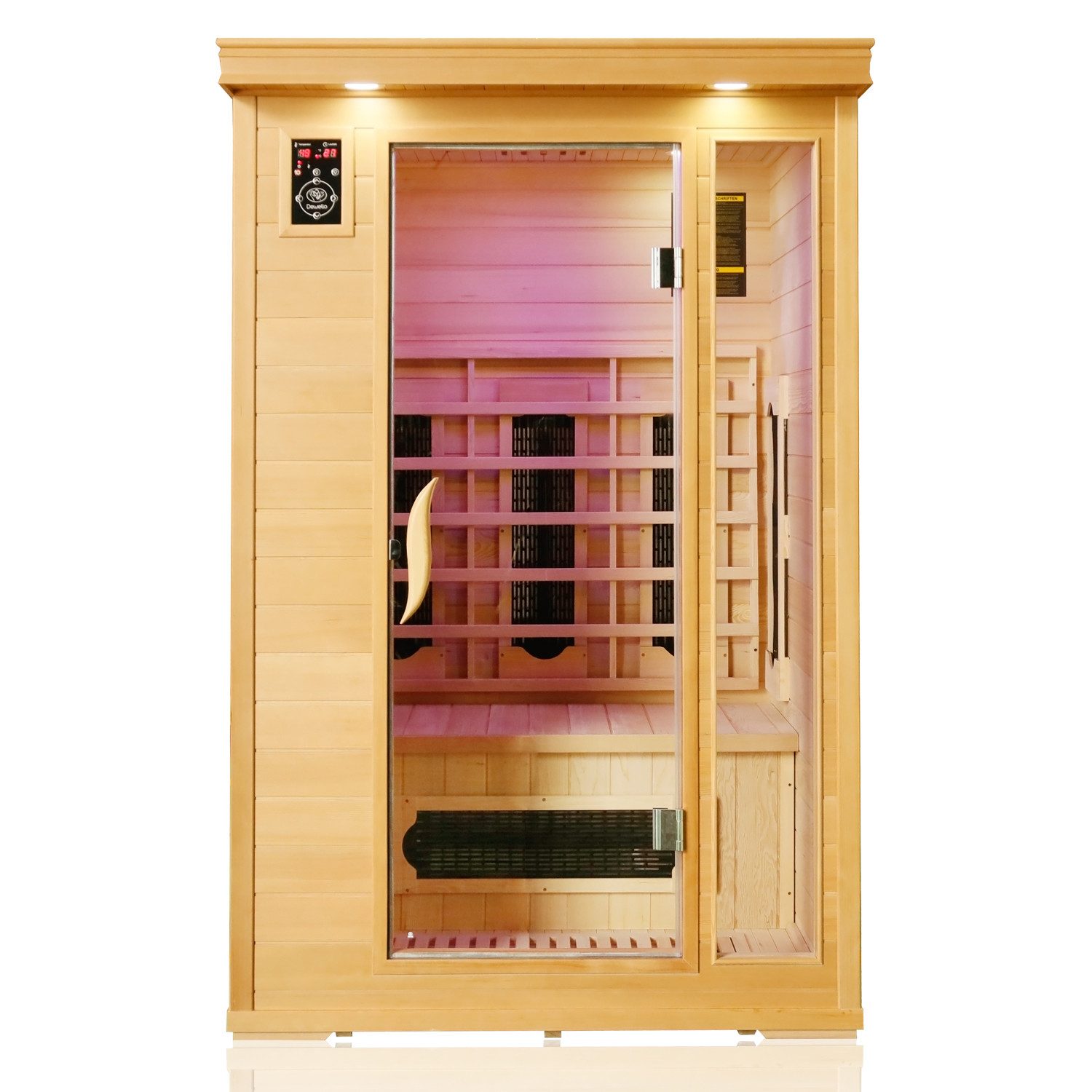 Dewello Infrarotkabine WINDSOR 120 Wärmekabine, für bis zu 1 Personen, 5 Keramikstrahler, BxTxH: 100 x 120 x 190 cm, (Farblichttherapie, Ionisator mit Ozondesinfektion und Aromatherapie, Multimedia und zusätzlich USB-Anschluss & Bluetooth möglich) Sauna aus Hemlock-Tannenholz, leichter Aufbau dank Stecksystem