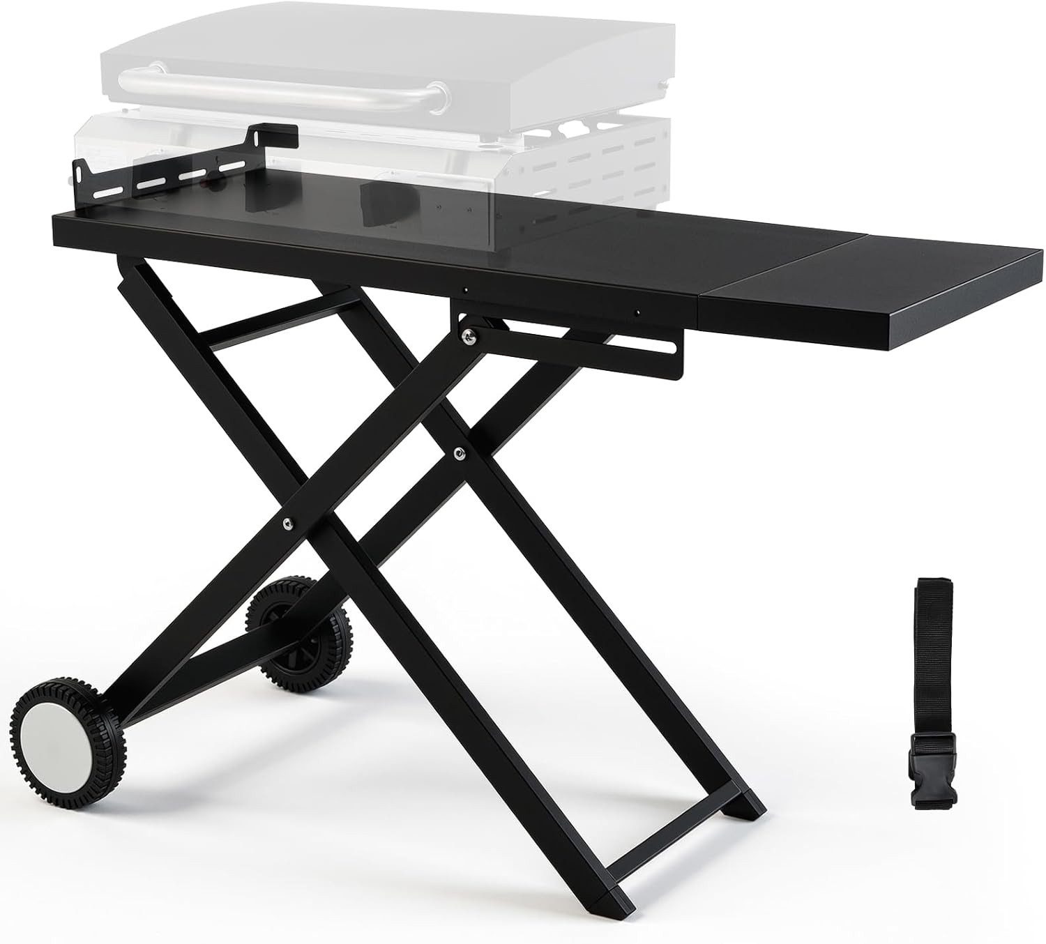 TLGREEN Grillablagetisch für Steakgrill 102x39 cm (Tragbarer BBQ Ablagetisch mit 2 Rädern & Abnehmbarem Seitenbrett, 30kg Traglast Faltbarer Grillständer), für Outdoor Camping Garten Terrasse Balkon