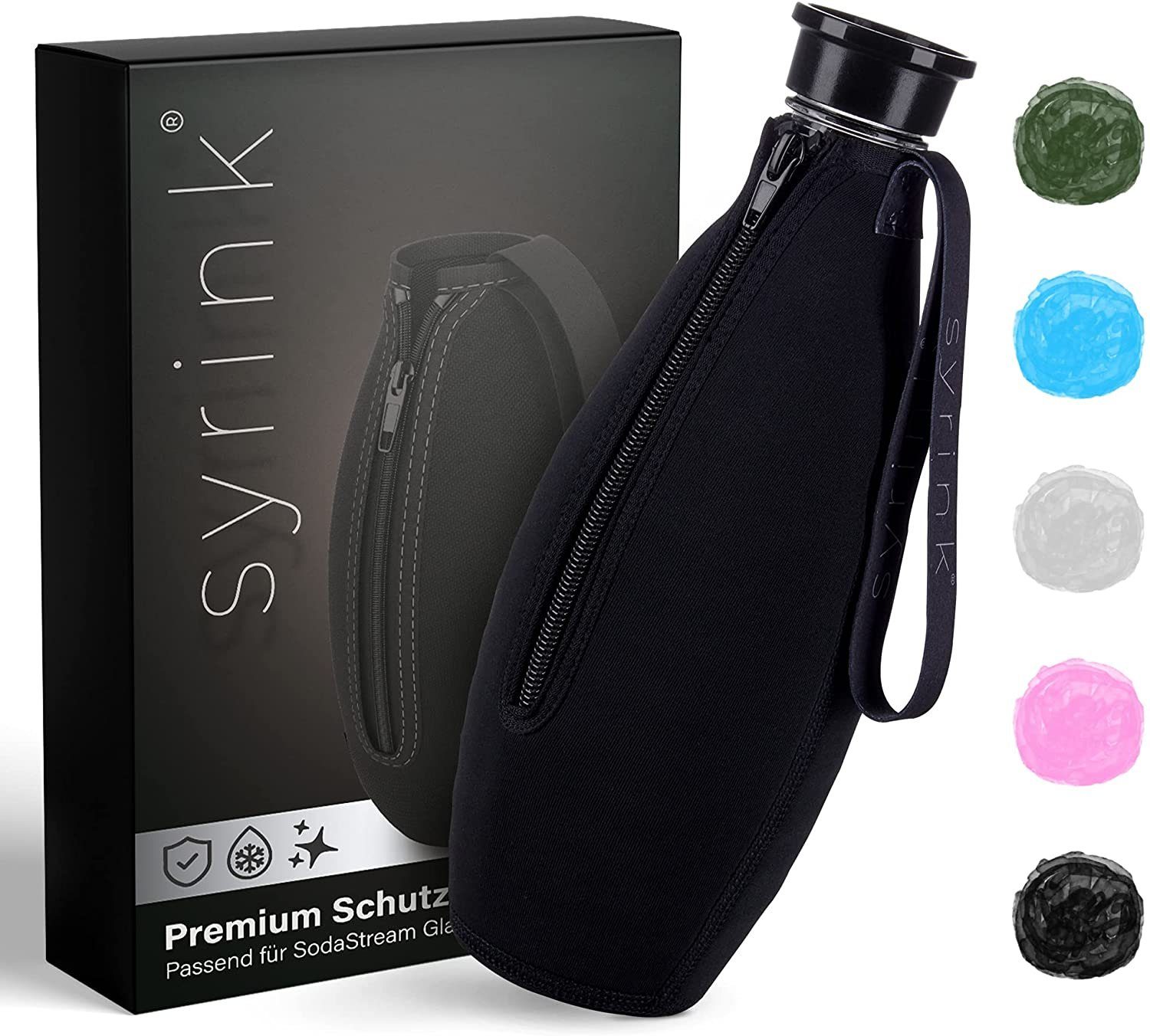 SYRINK® kompatibel mit Glasflasche, Crystal Neoprenschutzhülle ROXUS Thermoflasche SodaStream Thermohülle schwarz 2.0