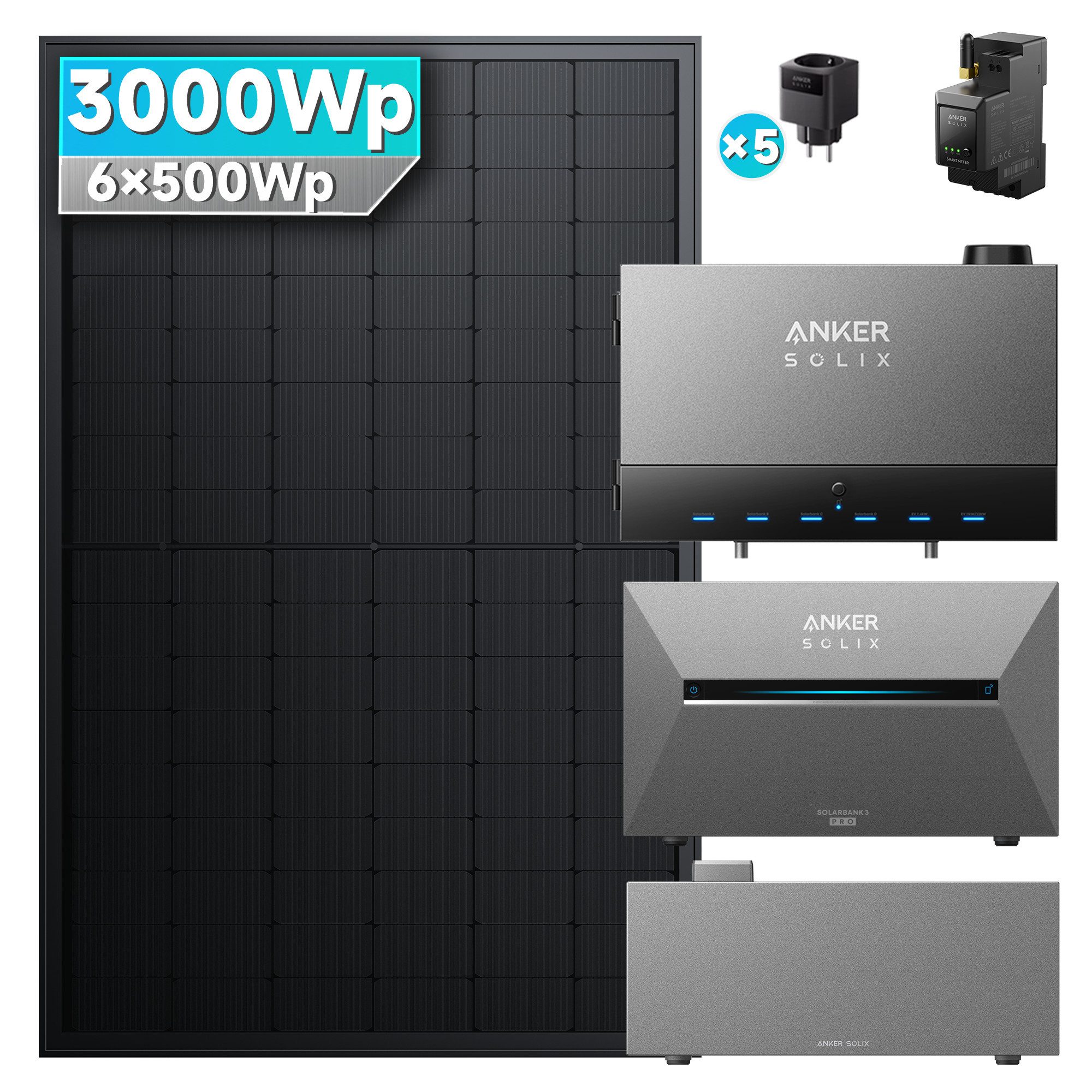 SolarMars Balkonkraftwerk mit Speicher 3000W mit Power Dock Solarbank Multisystem, (mit Anker Solix Solarbank 3 E2700 Pro und BP2700 (optional), 6x Solarmodule mit jeweils 500 W)