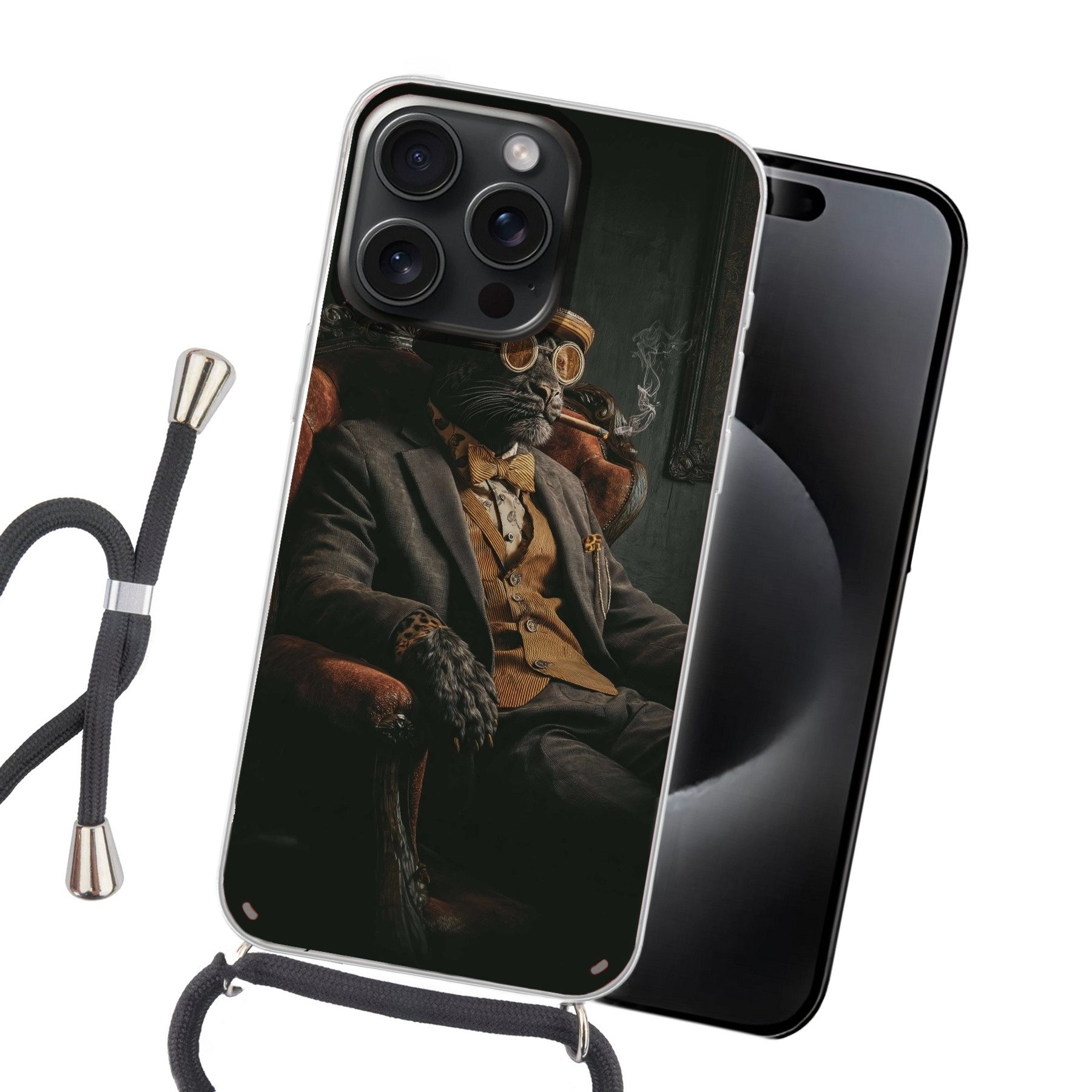 MuchoWow Handyhülle für Apple iPhone 15 Pro Max Katze - Anzug - Orange - Zigarre, Tragbare Handyhüllen mit Kette zum umhängen, Handykette Handyband