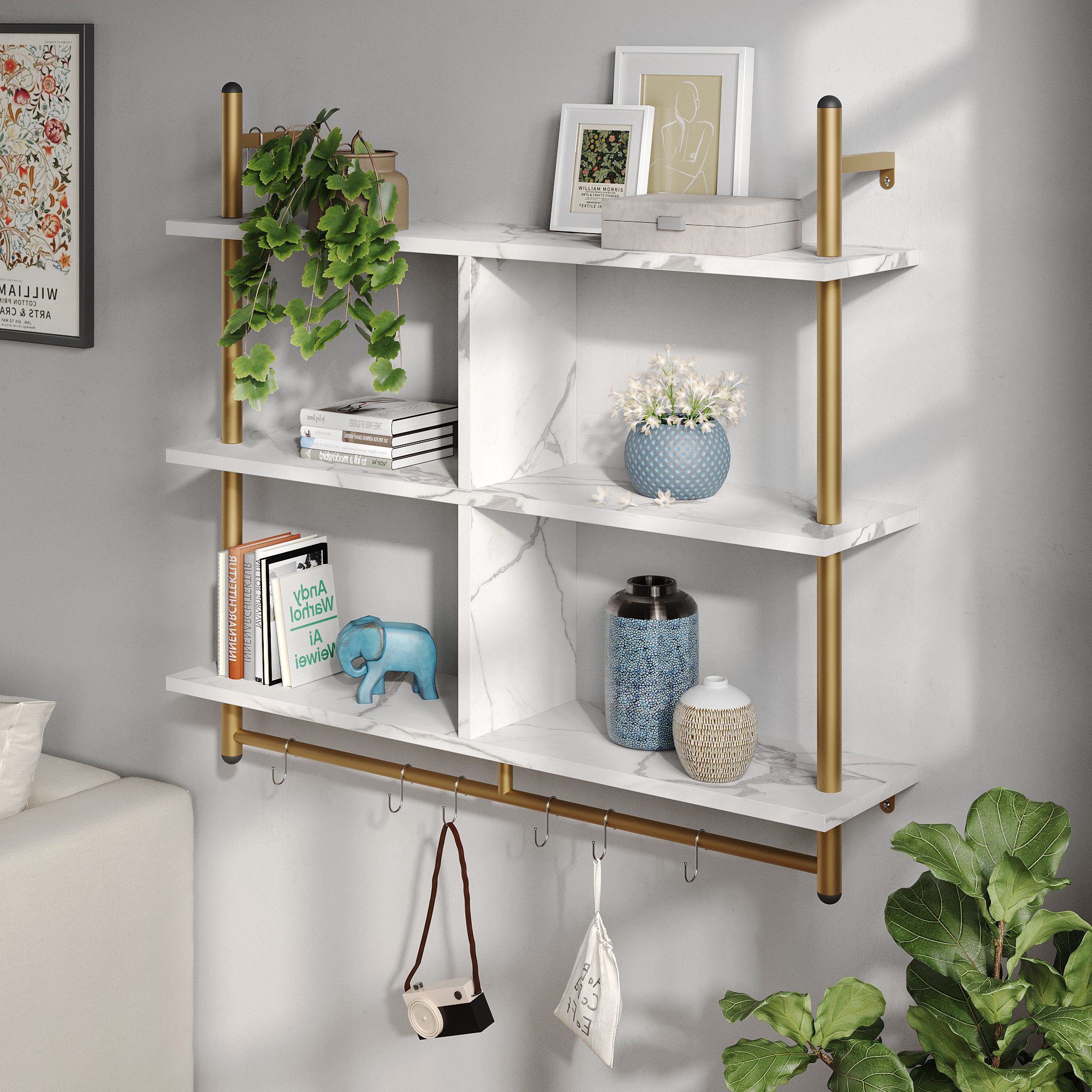 Bestier Wandregal Schweberegale, Küchenregal, Wandmontage, 3 Etagen – 105 x 96 x 23.8 cm, Vintage Holzregal 8-tlg., mit 8 Haken für Küche, Bad, Schlafzimmer