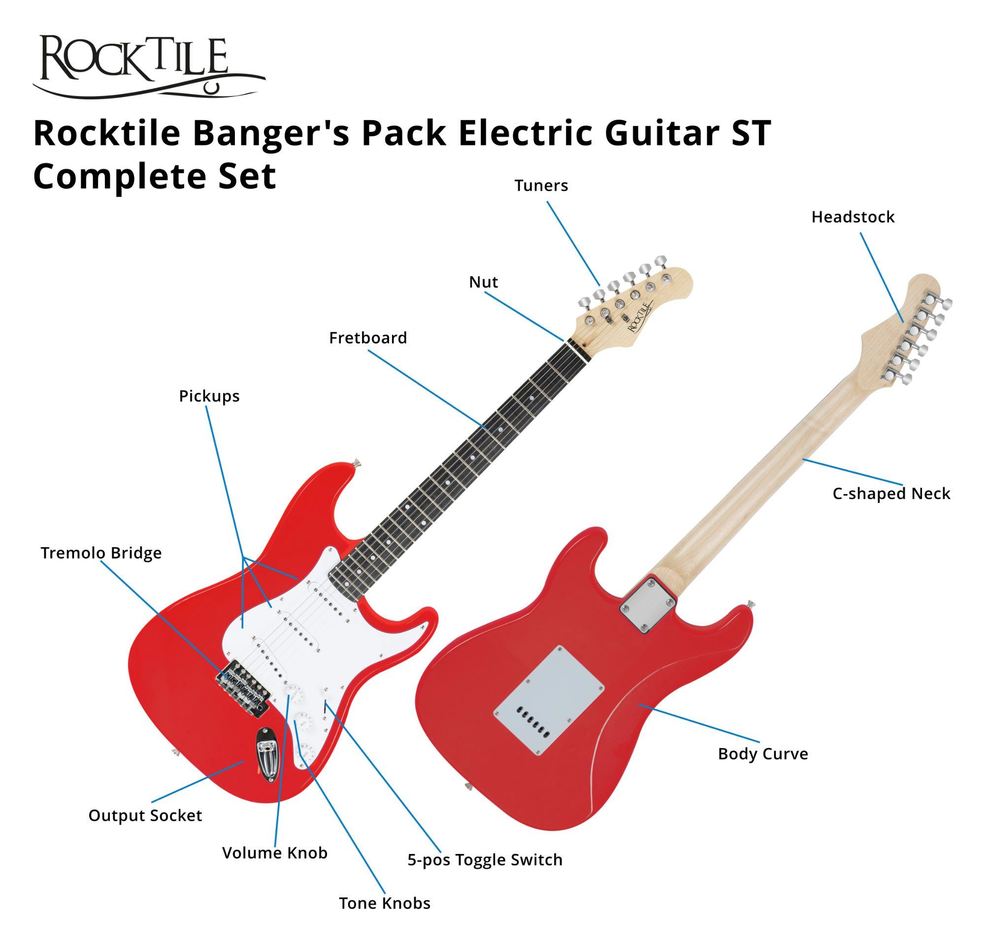 Rocktile E-Gitarre ST-Pack Komplettset E-Gitarre - Ideal für kommende Gitarren-Stars!, Komplettset, inkl. 10 Watt (RMS) Verstärker und Stimmgerät – Bild 4 von 5
