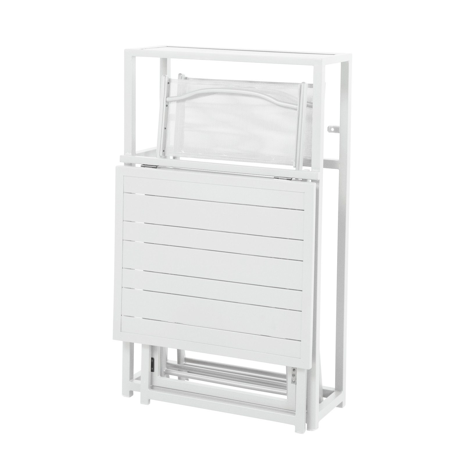 SVITA Balkonset, (Platzsparendes Set, Ausklappbarer Tisch mit 2 Stühlen und ein Regal zum Verstauen), Tisch und Stühle platzsparend verstaubar