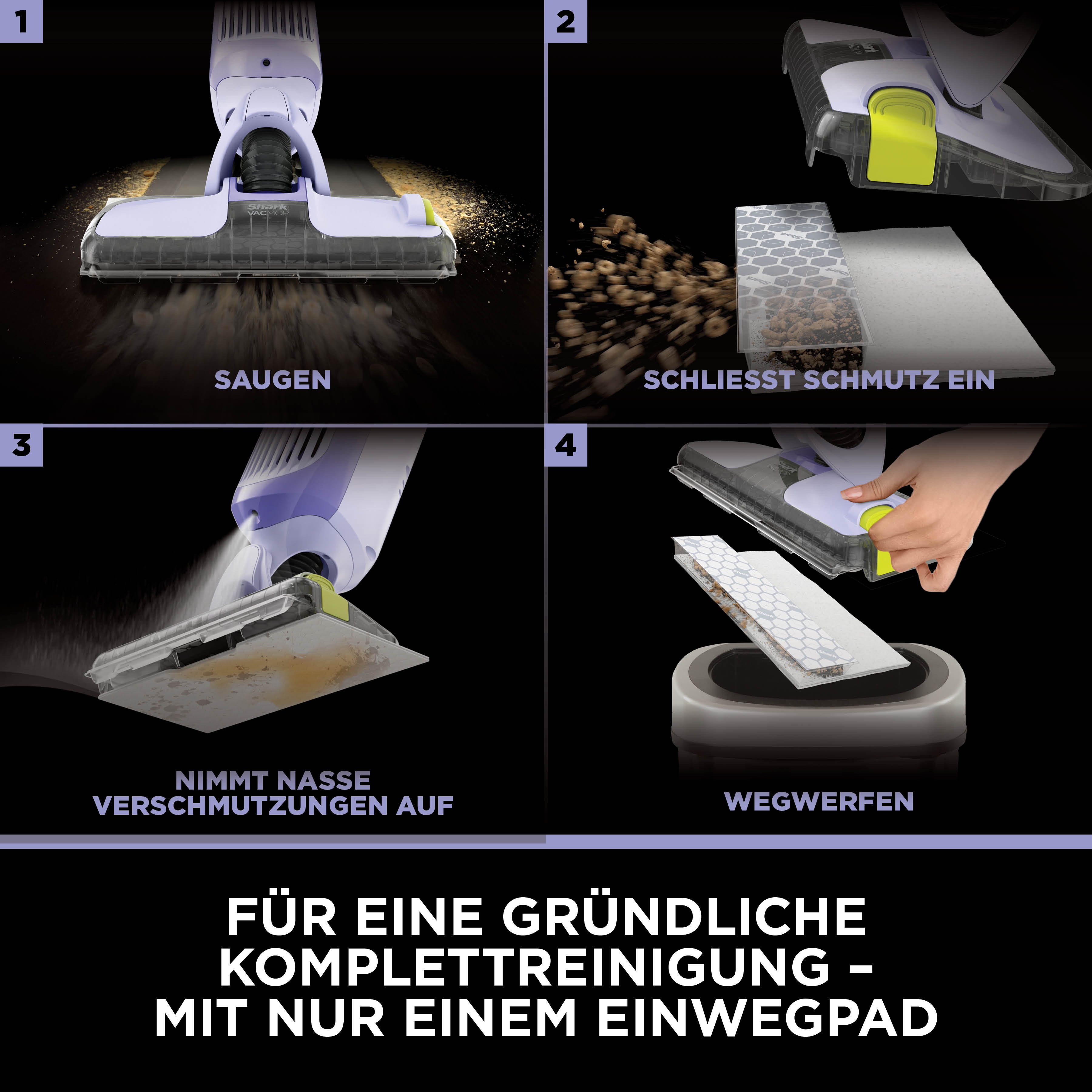 Shark Akku-Wischmopp Shark VacMop 2-in-1 kabelloser Staubsauger/Sprühmopp VM200EUPL, beutellos, VOLLSTÄNDIGE REINIGUNG MIT EINEM EINZIGEN EINWEGPAD, kabellos, leicht