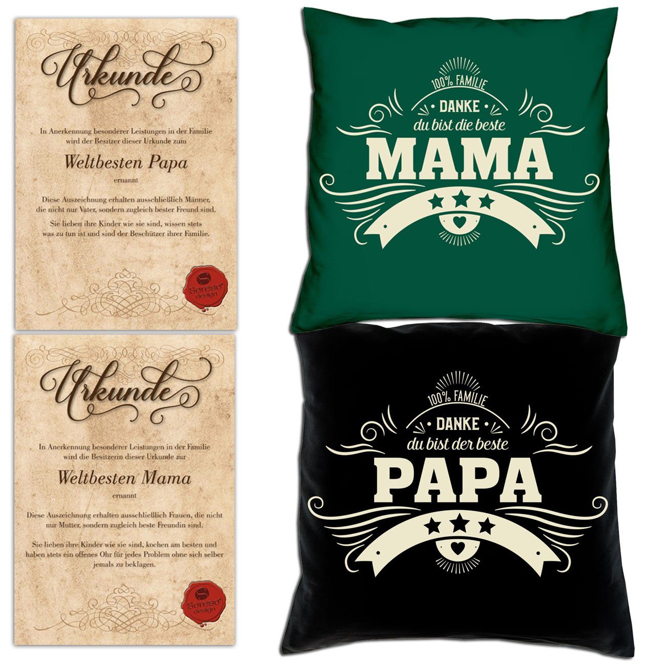 Weihnachtsgeschenk Geschenke Eltern Soreso® Papa Mama Urkunden, mit Danke Dekokissen Kissen-Set dunkelgrün Idee Danke
