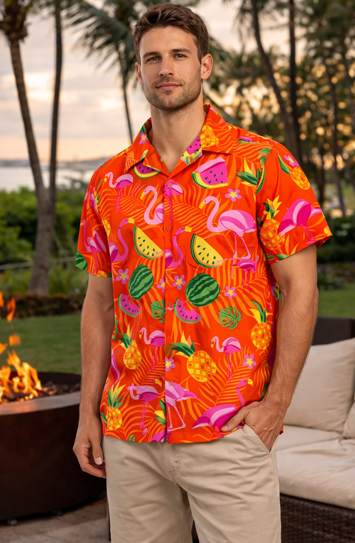 King Kameha Hawaiihemd "Flamingo Melone" Funky Hawaiihemd Herren Kurzarm Fronttasche Stylish