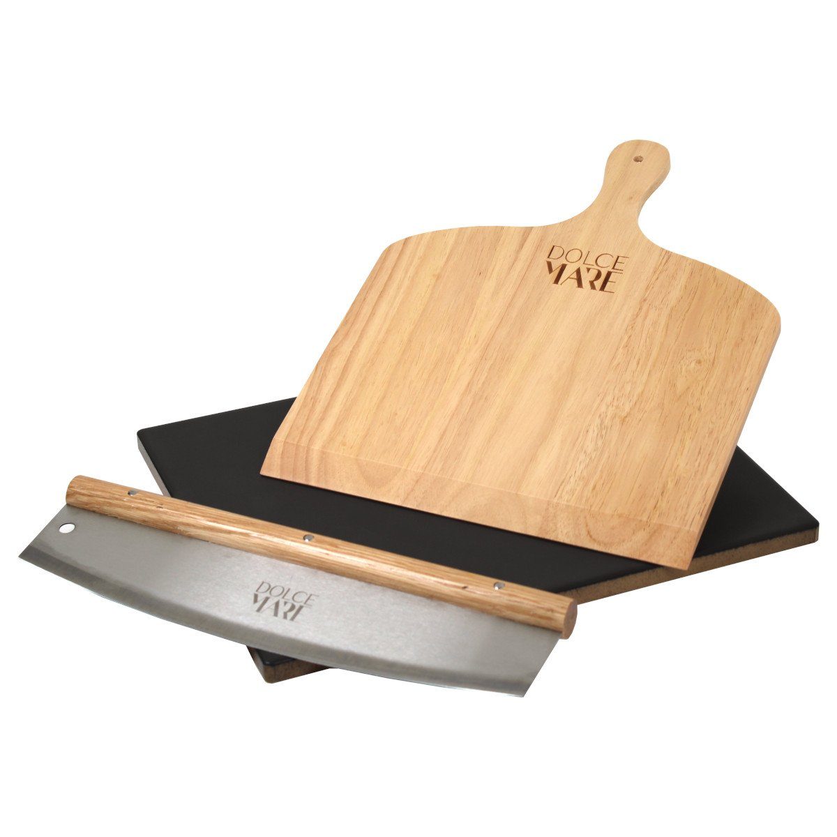 Dolce Mare Pizzastein Set schwarz Holz Pizzaschieber Edelstahl Pizzaschneider, (3-teilig Schwarz/Holz)