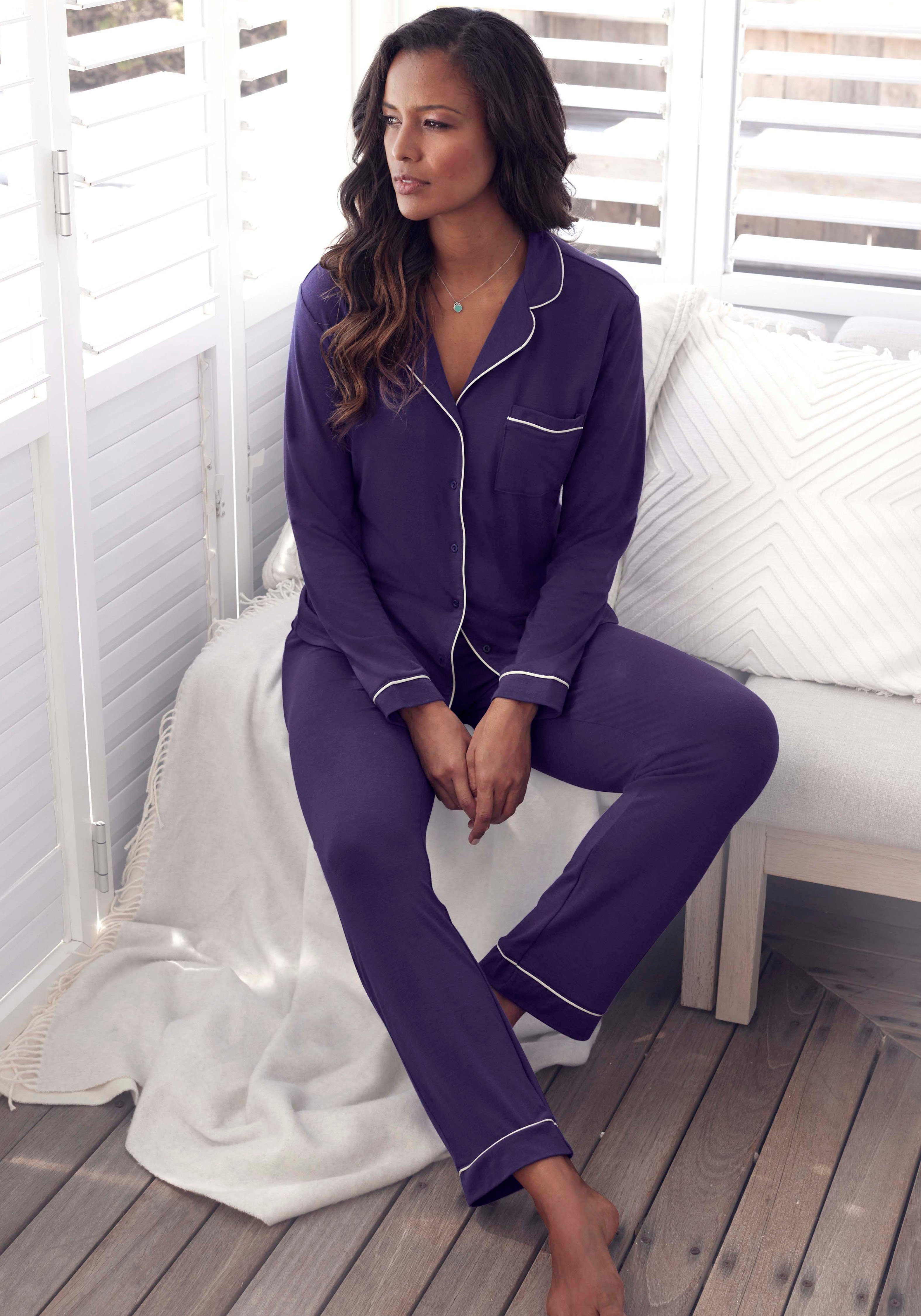 LASCANA Pyjama (2 tlg) im klassischen Schnitt dunkellila | Pyjama-Sets
