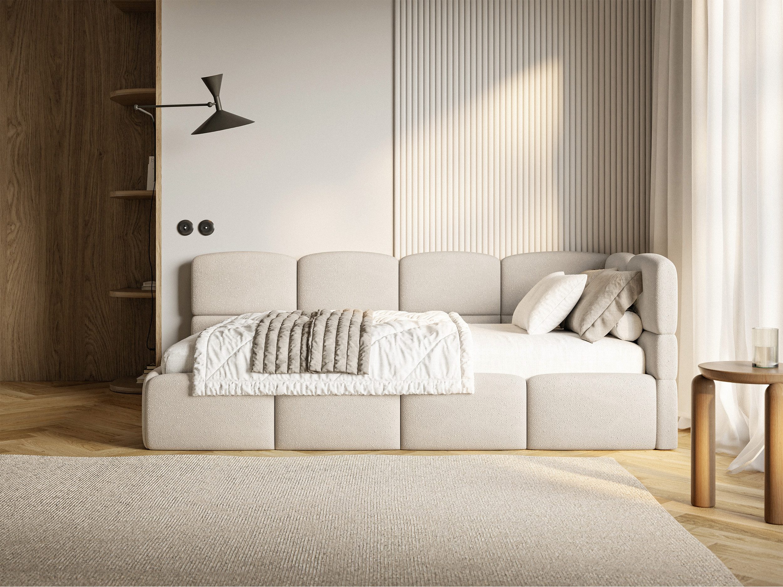 Selsey Jugendbett CLOUDY, Eck-Kopfteil, Matratze & Bettkasten, Chenille hydrophob, 120x200 cm