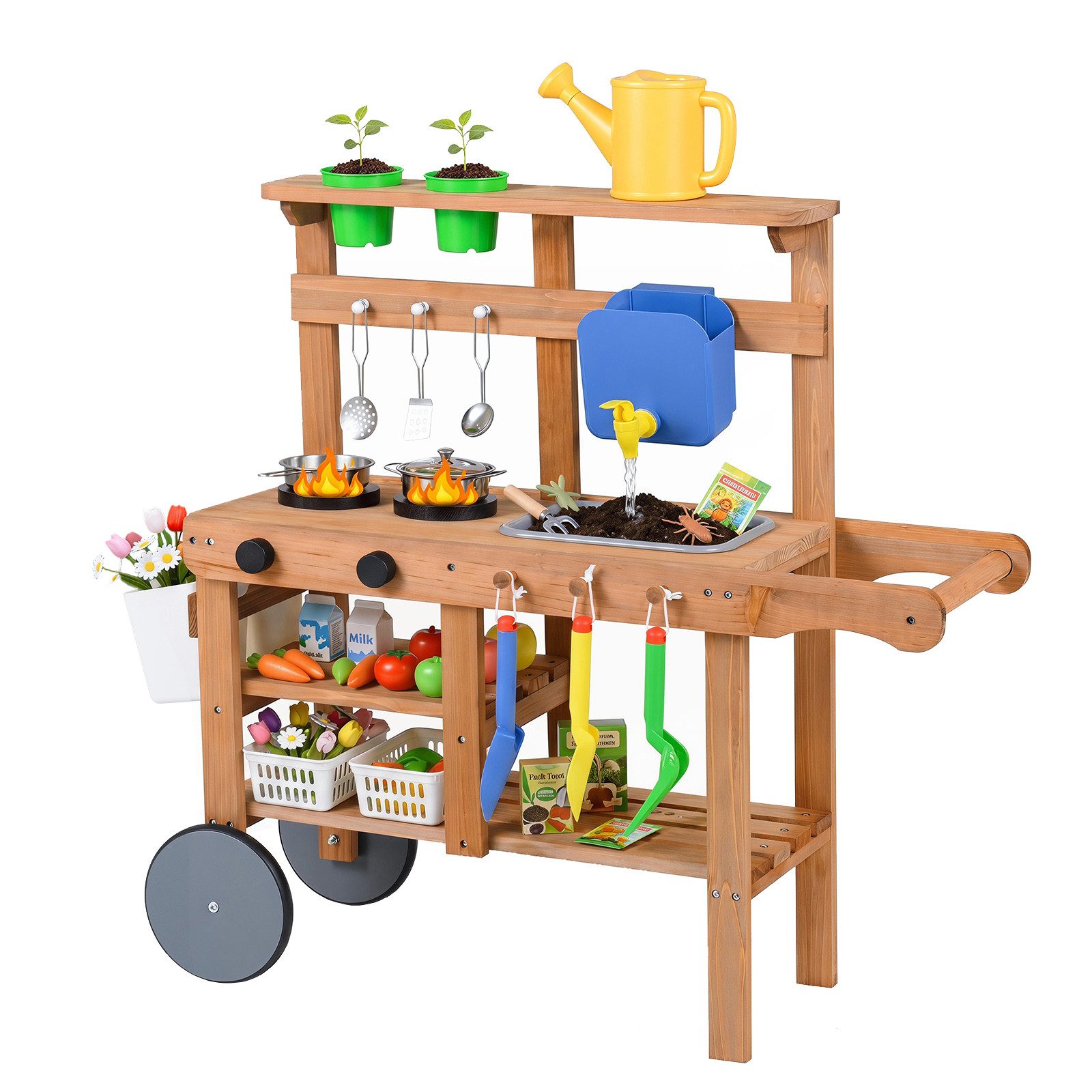 COSTWAY Outdoor-Spielküche Holz, Mit Blumentöpfen, abnehmbaren Wassertank & Waschbecken