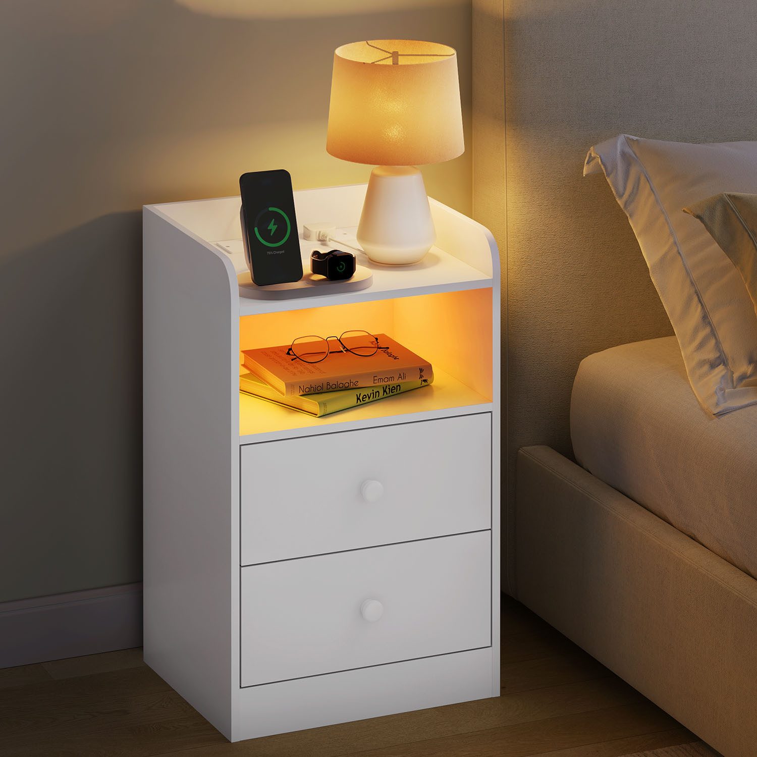 Woltu Nachttisch (1-St), Ladefunktion LED-Licht, 2 Steckdosen 2 USB