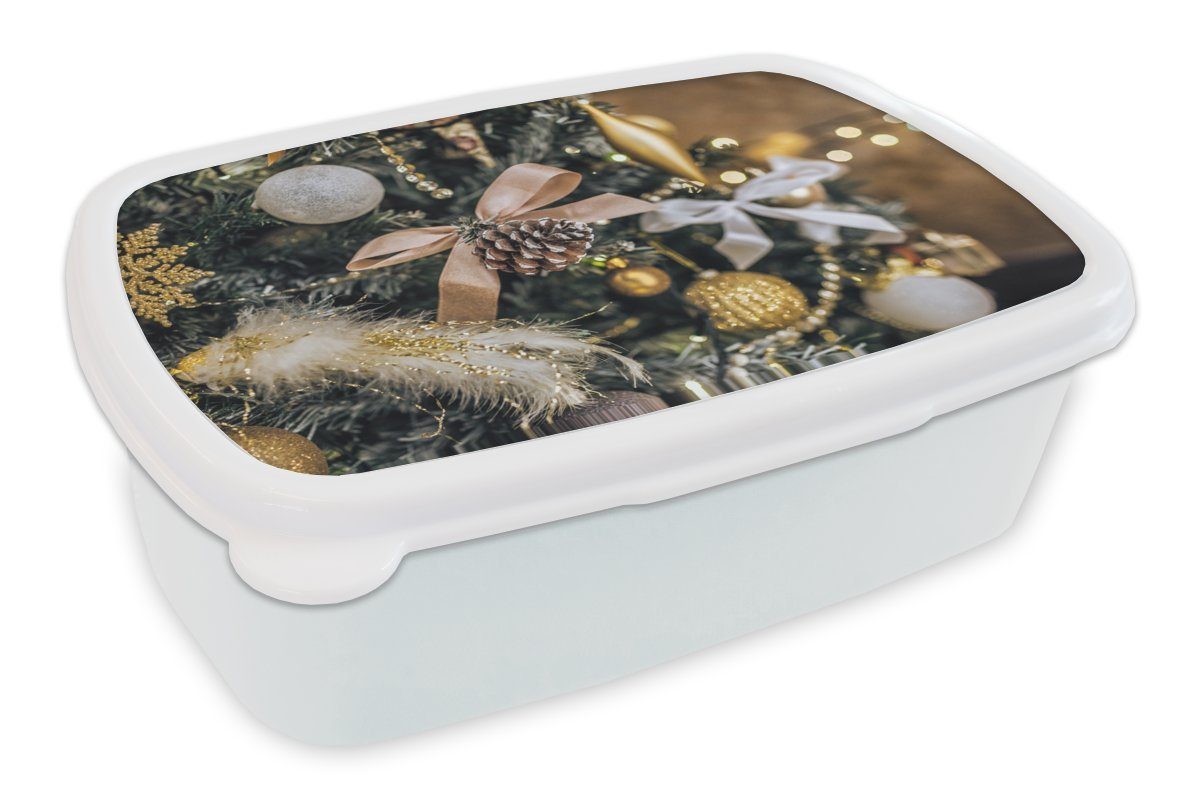 MuchoWow Lunchbox Eine Nahaufnahme von Weihnachtsbaumschmuck, Kunststoff, (2-tlg), Brotbox für Kinder und Erwachsene, Brotdose, für Jungs und Mädchen weiß