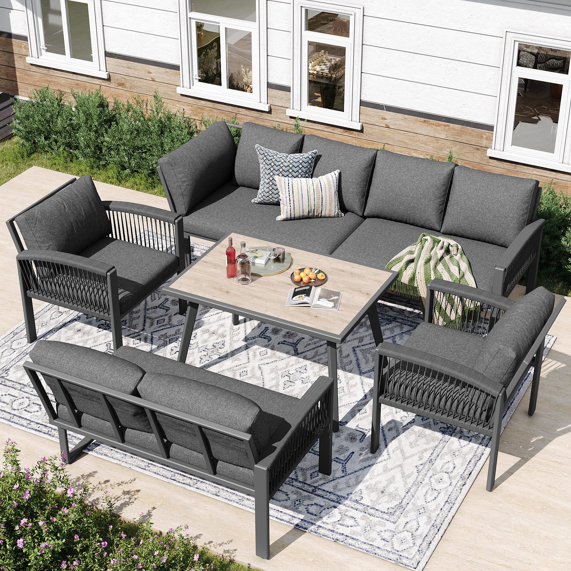 KLAM HOME Gartenlounge-Set Garten-Lounge-Set für 8 Personen, Komplettmöbelset Grau, (Modernes Handgeflochtenes Seil & Verzinktes Eisen Gestell), Inklusive Sitzkissen, Rückenkissen & Tisch mit Holzmaserung