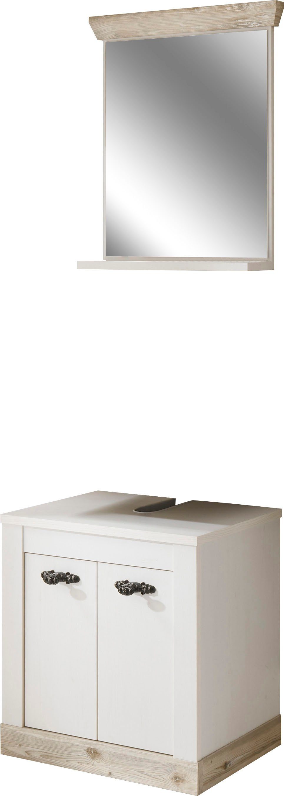 Home affaire Badmöbel-Set Florenz, Bad im Landhausstil, 2-teiliges Badezimmer, (2-St), Waschbeckenunterschrank und Spiegel, in Pinie Weiß, Stauraum
