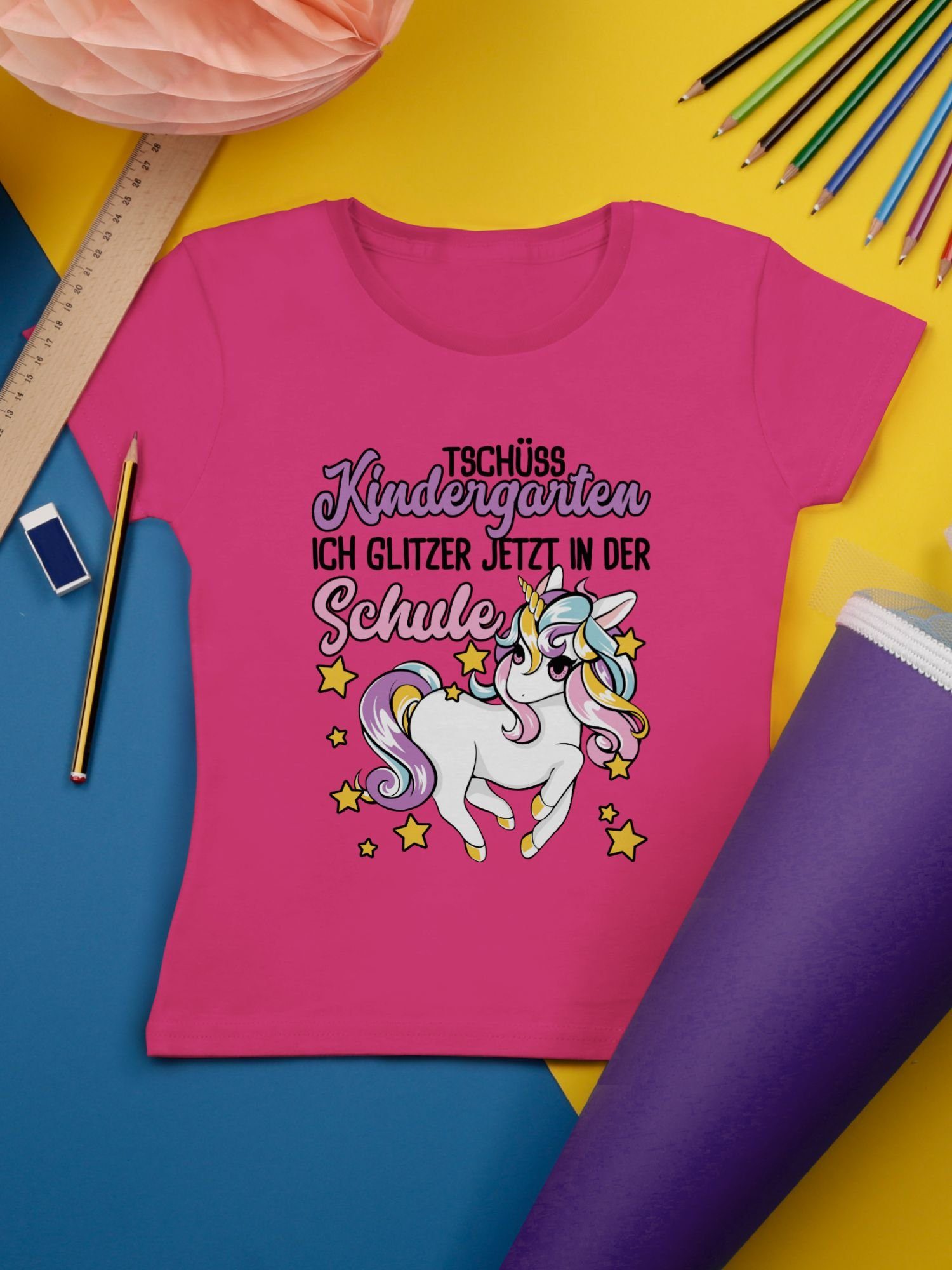 Shirtracer T-Shirt Tschüss der Mädchen Einschulung - Einhorn 1 in jetzt Schule Kindergarten Glitzer Fuchsia
