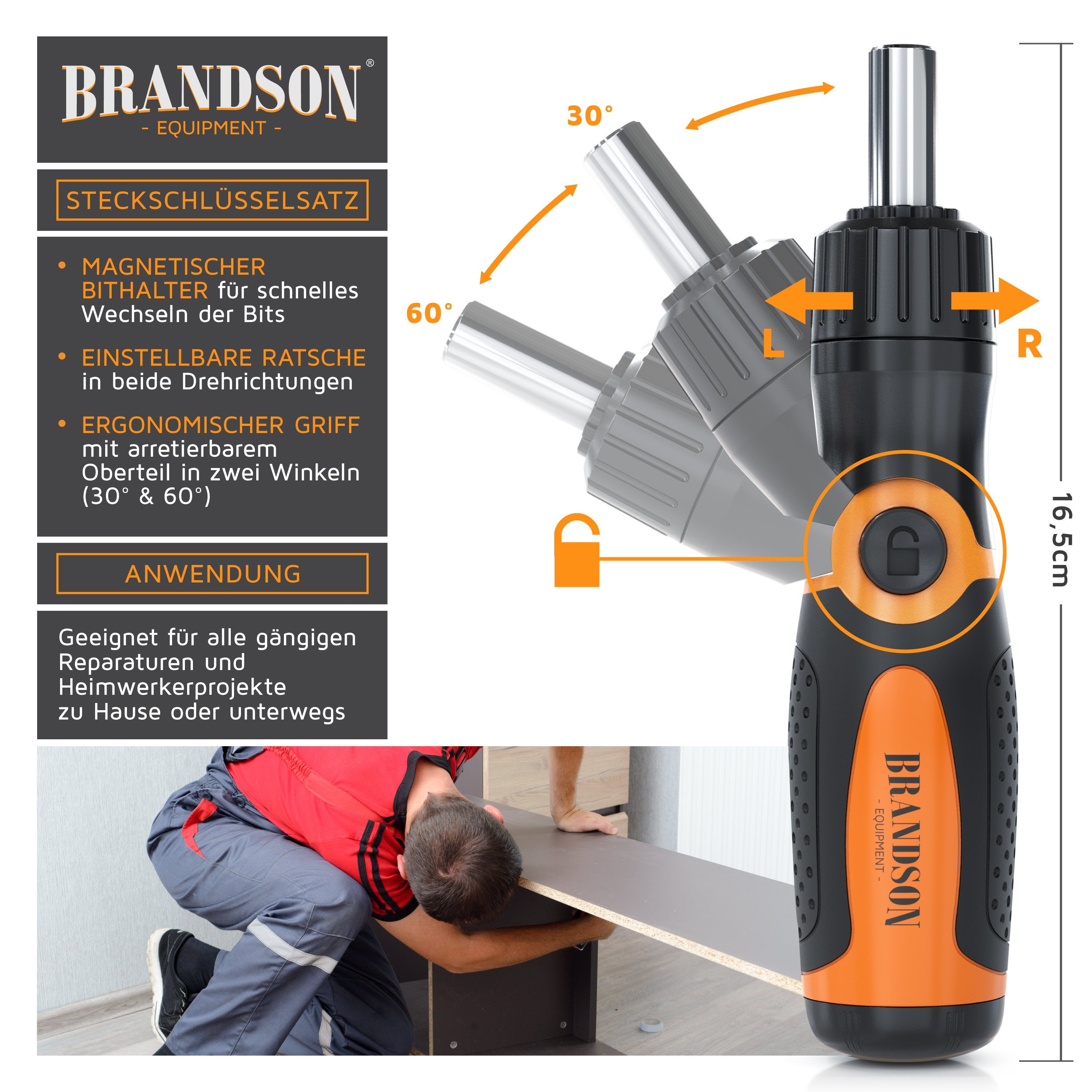 Brandson Bit- und Steckschlüsselset Schraubendreher + Nüsse, 29 Bits, 14 Steckschlüssel, Torx, Set, 1-St., 46 teilig, Innensechskant, Schlitz, Kreuzschlitz, Rat – Bild 5 von 5