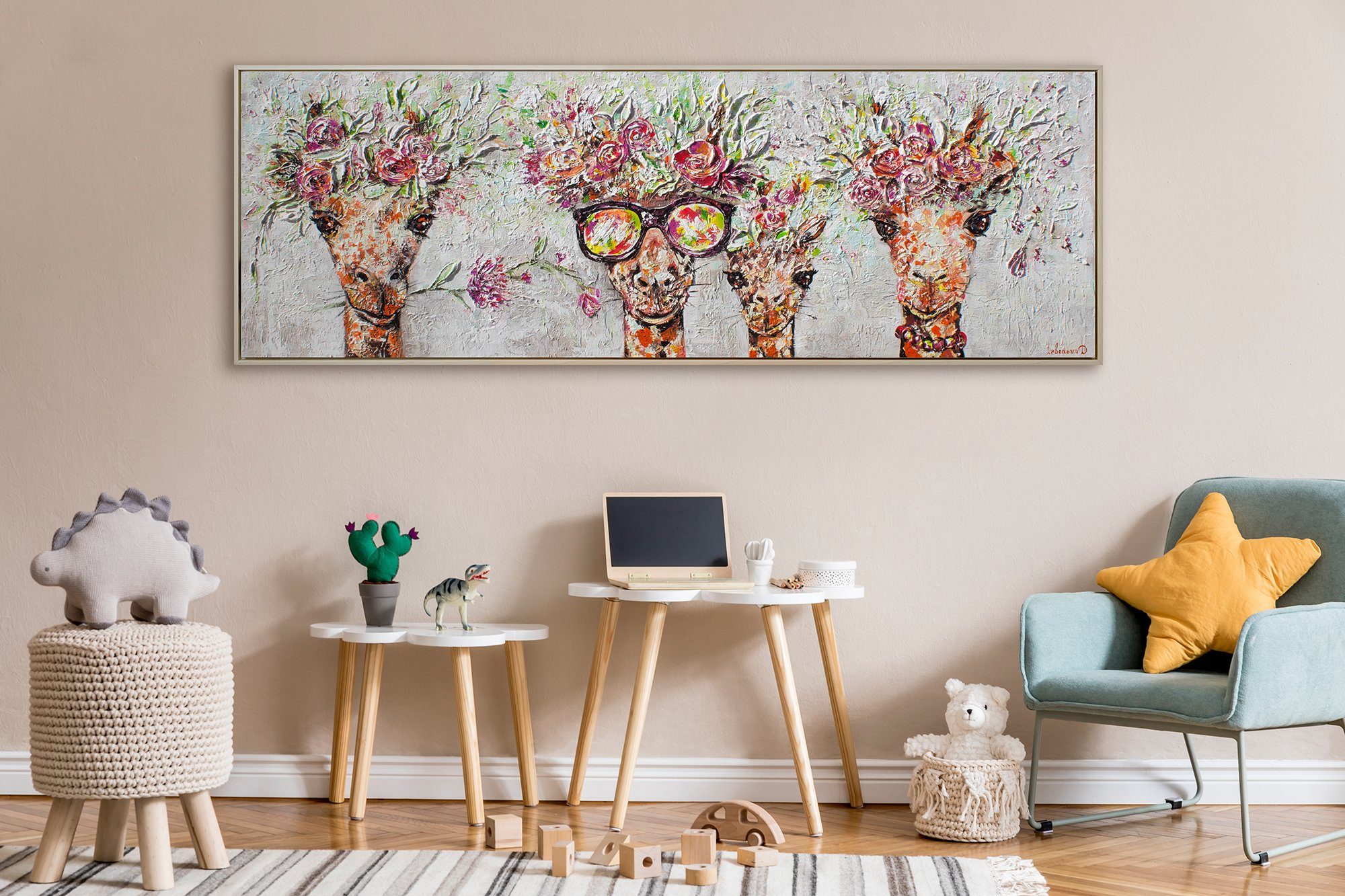 YS-Art Gemälde Giraffen, Tierbilder, Blumen Handgemalt in Beige Giraffen Leinwand Braun Rahmen Bunte Bild Brille Mit